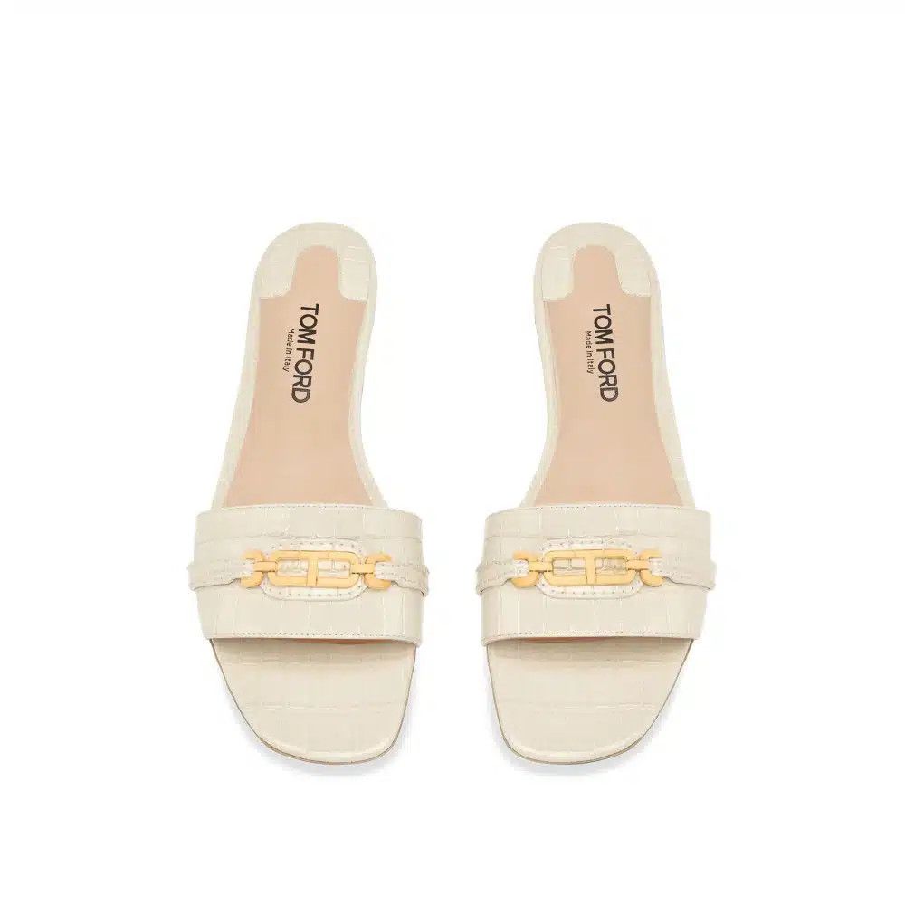 Tom Ford o1loc1c0225 W3526 Croco Effect Leather Slides in White Size US 8 / IT 38 - 3 Thumbnail