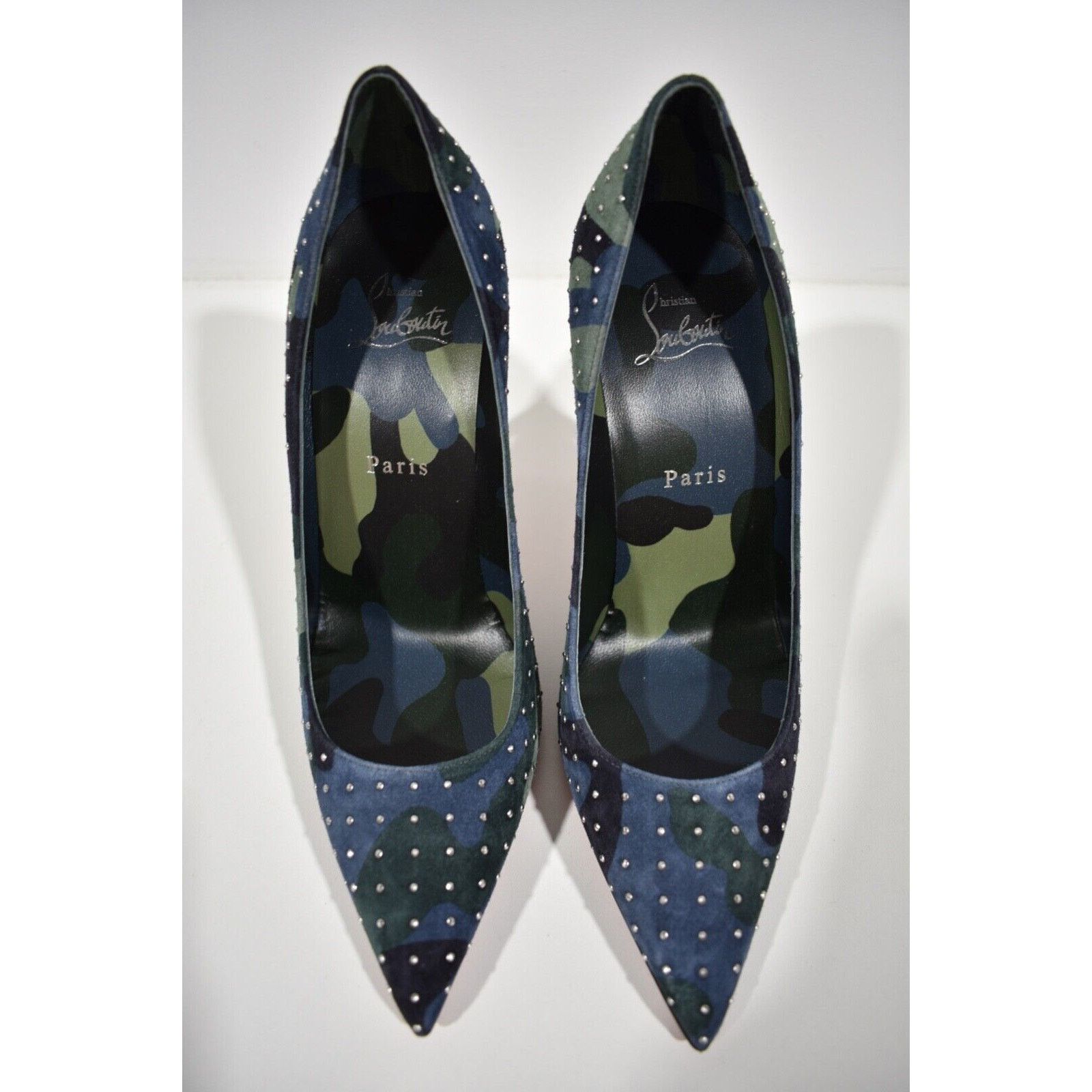 Christian Louboutin Kate Plume 100 Camo Blue Green Suede Classic Heel Pump 41 Size US 11 / IT 41 - 7 Thumbnail