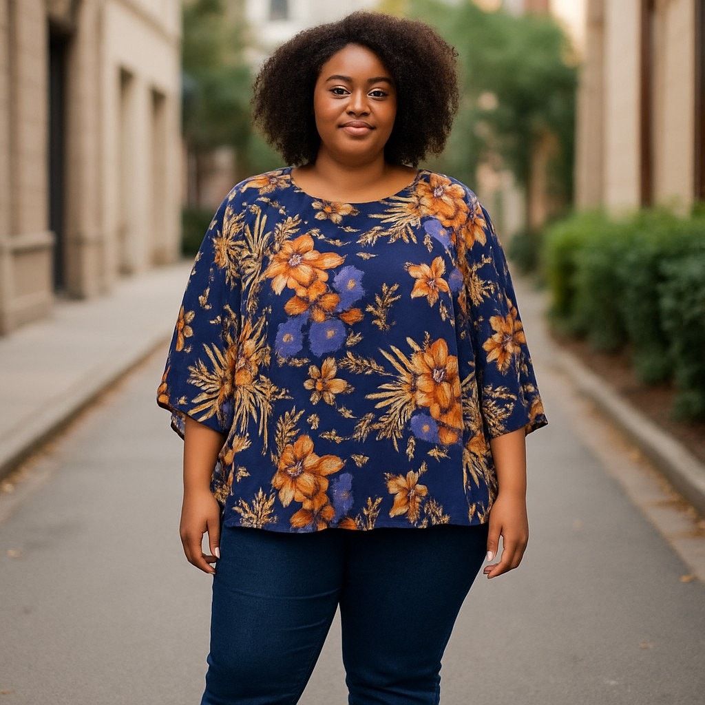 Other Faith & Joy Size XL Navy Blue Floral Butterfly Sleeve Blouse Size XL / US 12-14 / IT 48-50 - 2 Thumbnail
