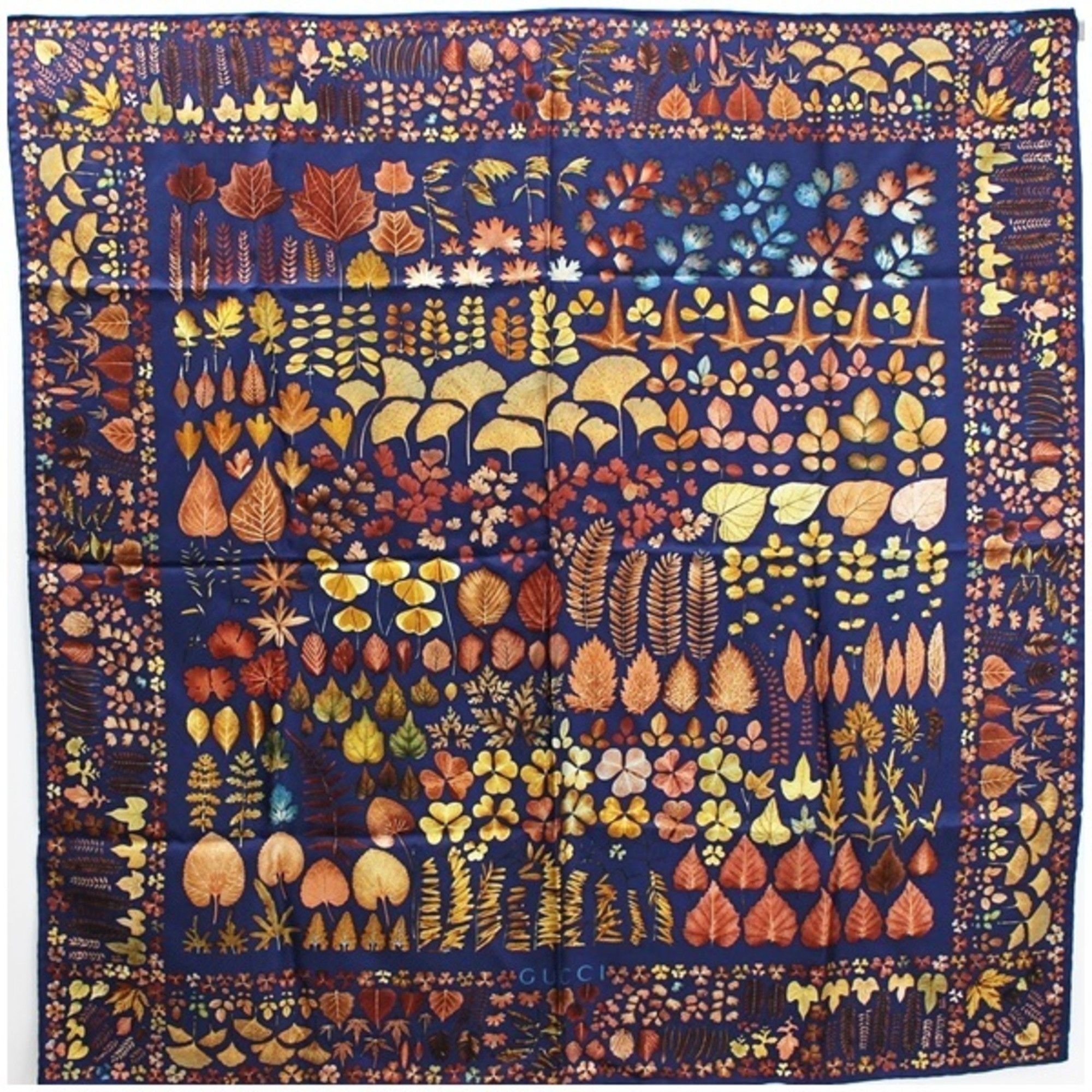 image of Gucci Silk Scarf Muffler Navy X Brown Fallen Leaves Pattern Gucci Ladies, Women's