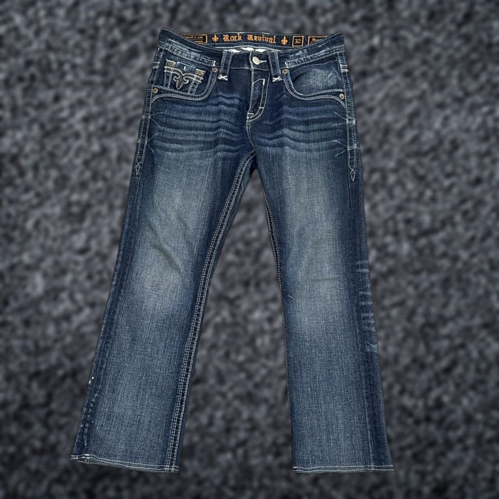 VINTAGE Men's Rock Revival Narciss Jeans 32x26 Alt Straight Leg Jeans Mens 32 Blue 90s Concert