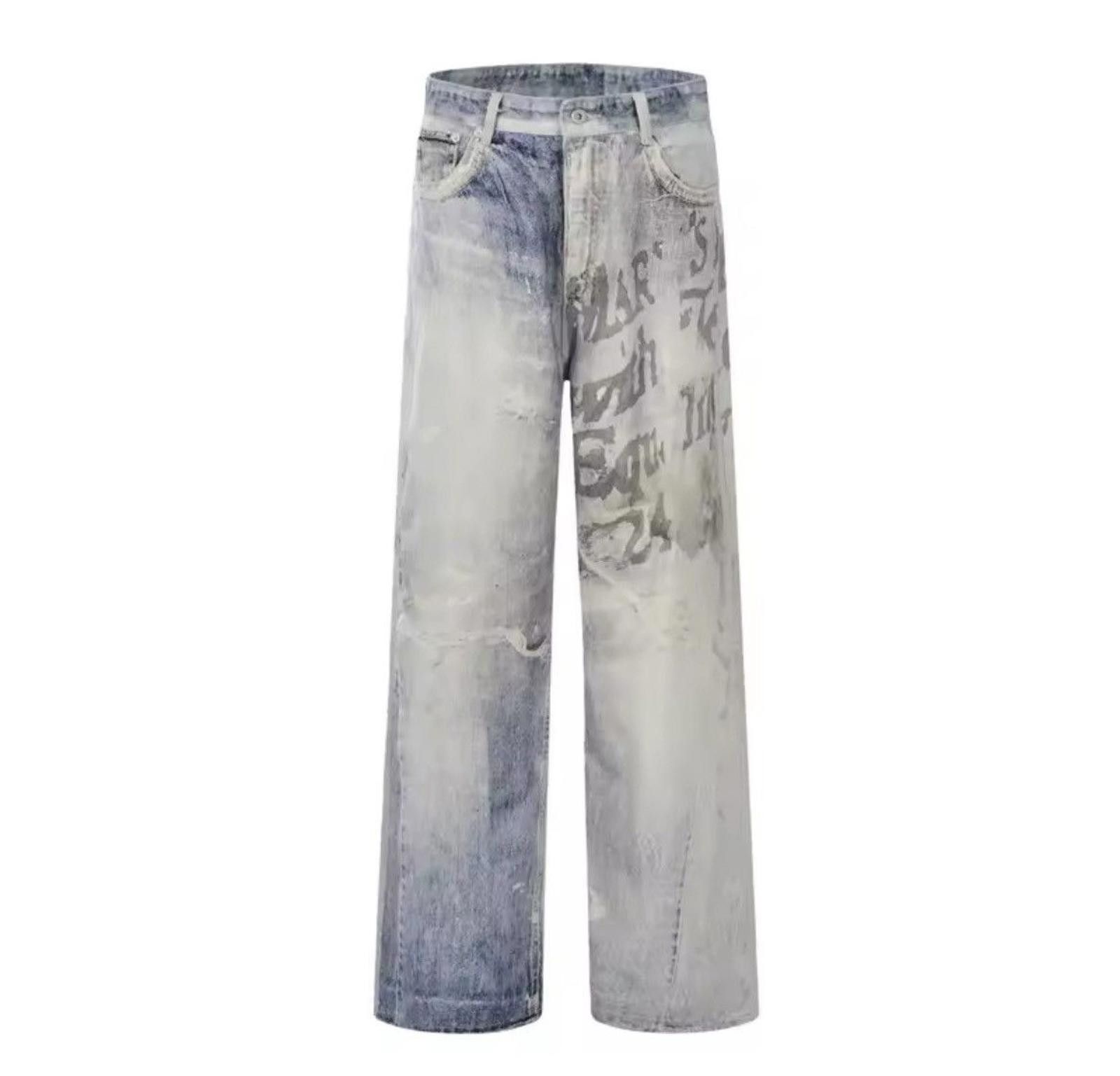 Letters Disstressed Washed Wide Leg Jeans
