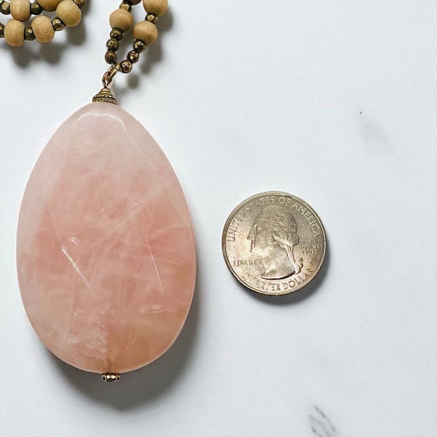 Vintage Rose Quartz Pendant Necklace-Wood Beads-Boho Chic-Gemstone Size ONE SIZE - 8 Thumbnail