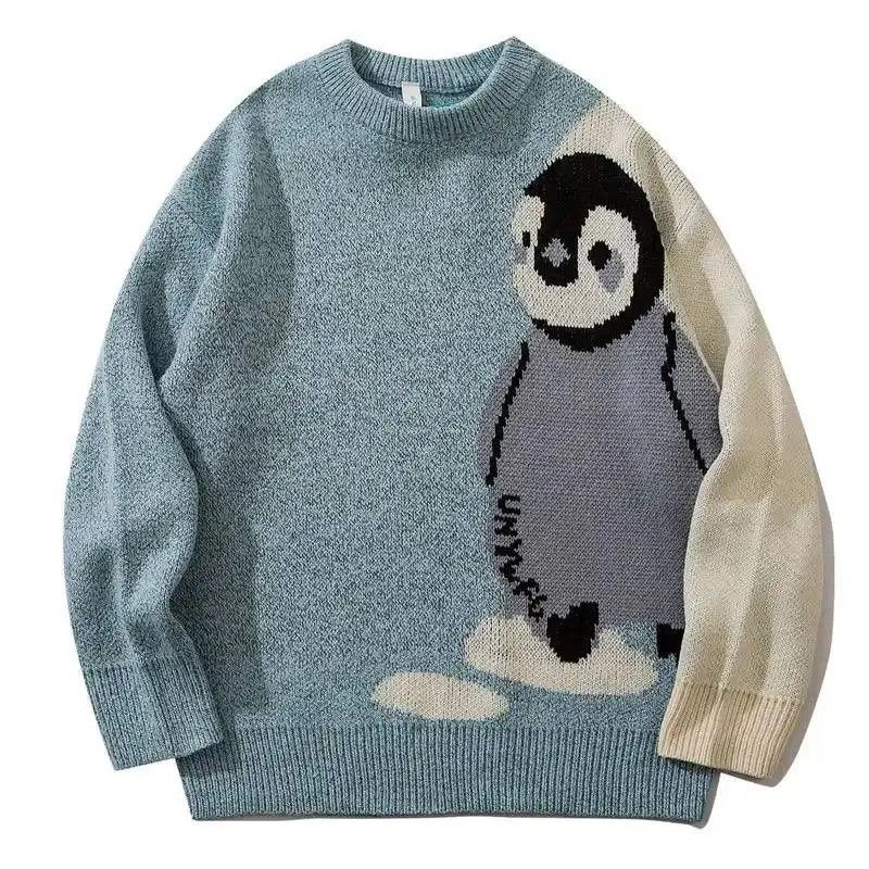 image of Vintage Men's Knit Sweater With A Cartoon Penguin in Blue (Size Medium)