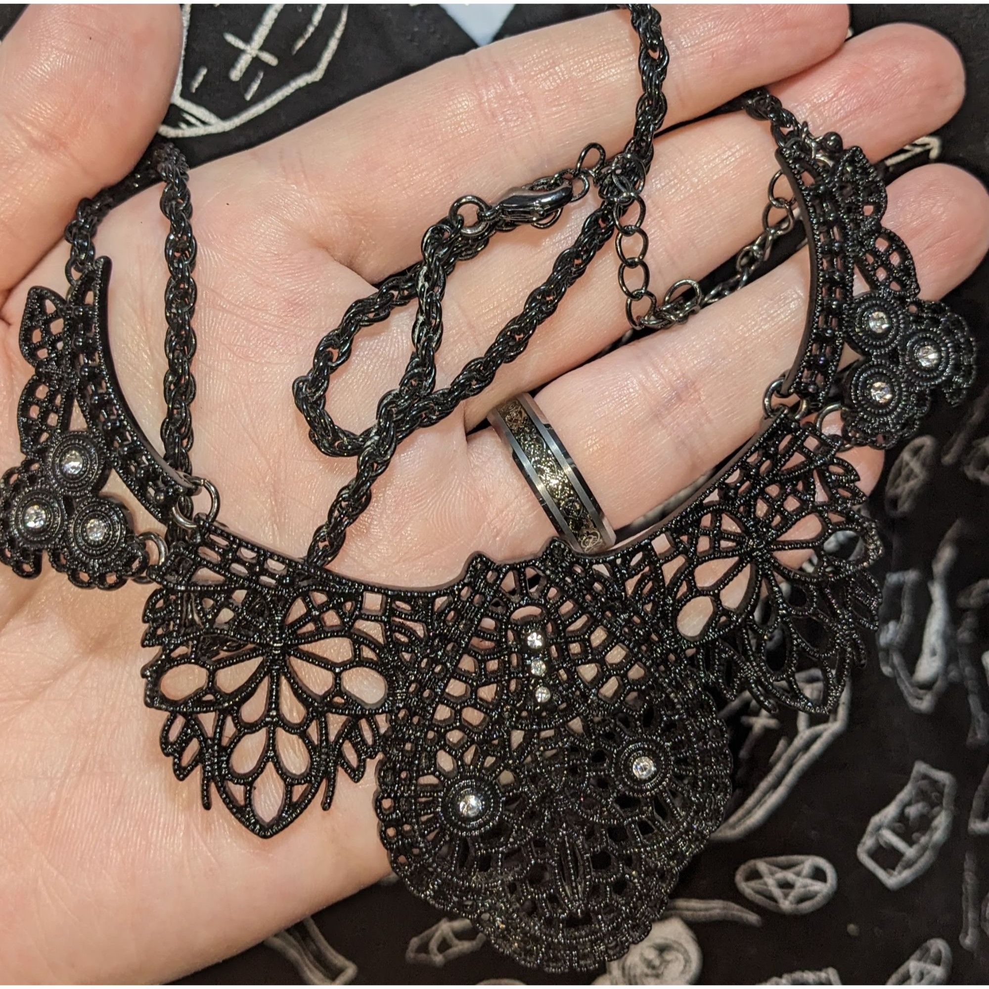 Other Gothic Black Lace-Like Metal Necklace With Rhinestone Accent Size ONE SIZE - 3 Thumbnail