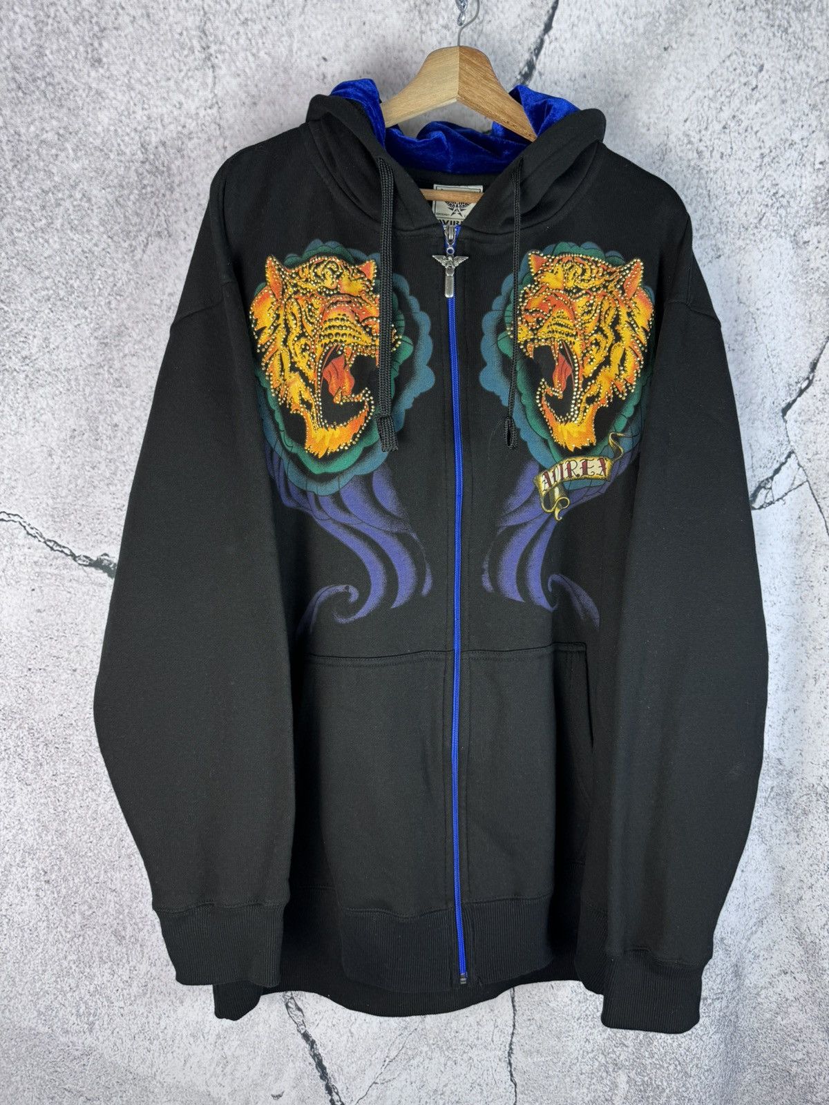 image of Vintage Avirex Rhinestones Zip Up Hoodie in Black, Men's (Size XL)