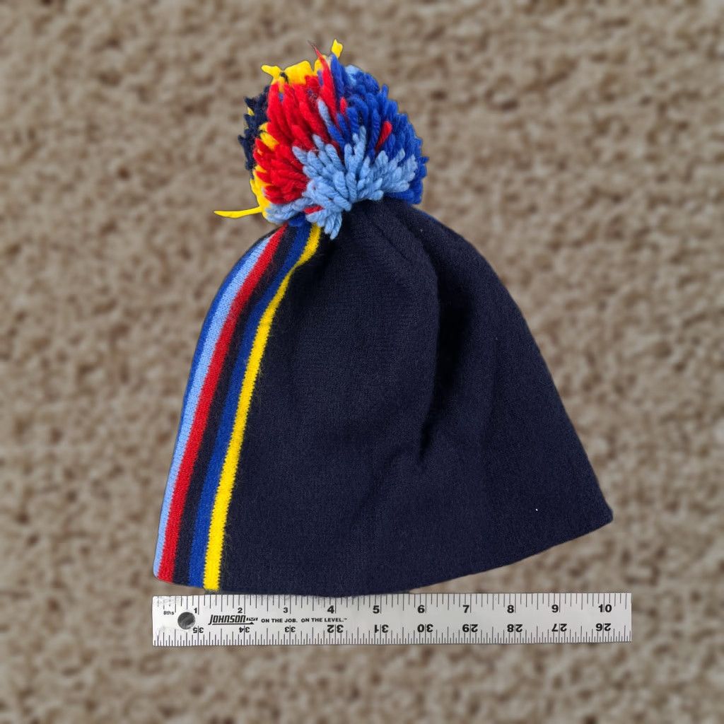 Vintage Beanie Toque Blue Red Yellow Stripe Knit Acrylic Blend Ski Pom Adult One Size Size ONE SIZE - 1 Thumbnail