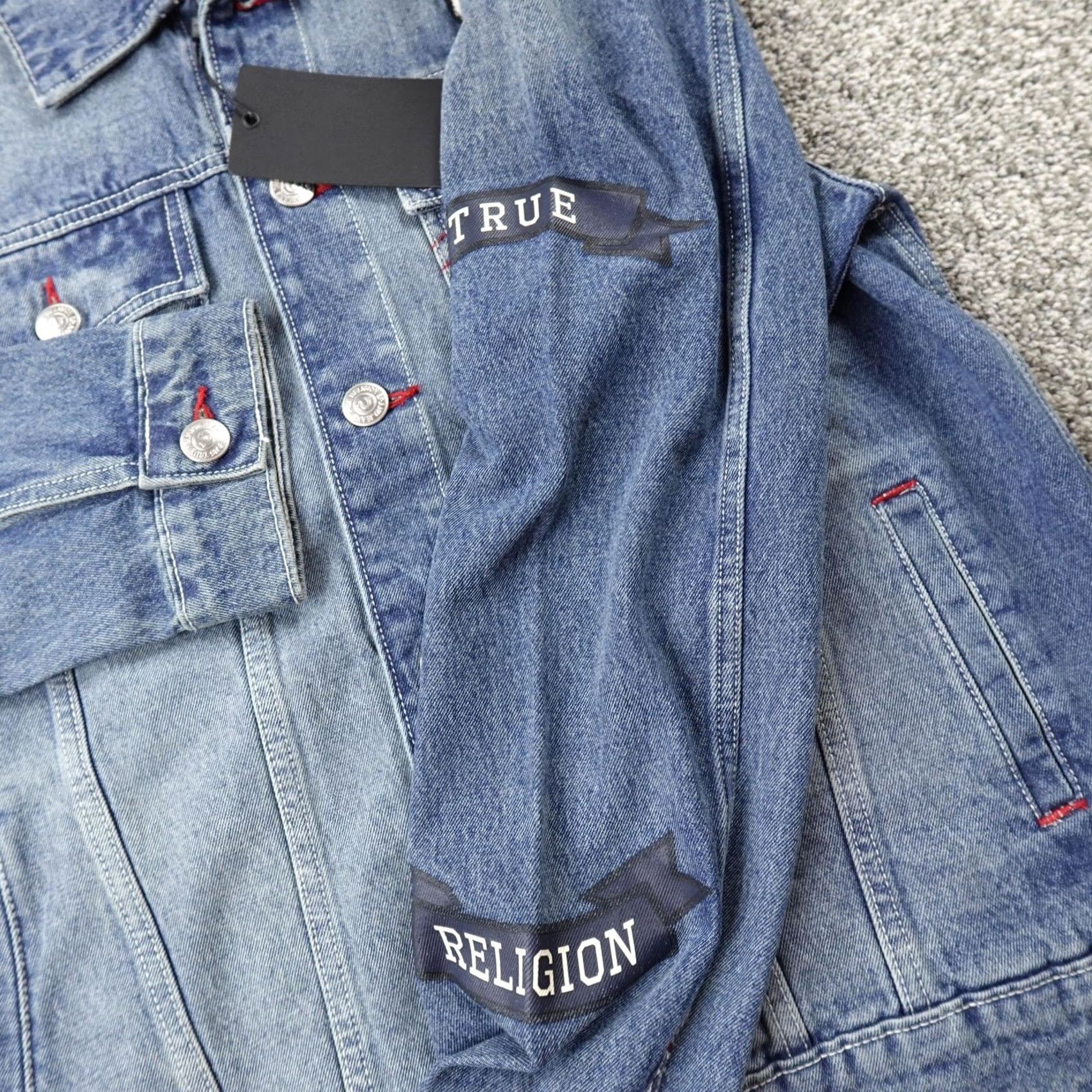 True Religion TRUE RELIGION Jacket Mens L Blue Denim Jean Trucker Coat Varsity Patch Y2K Jacket Mens L Blue Denim Trucker Coat Varsity Patch Y2K Size US 33 - 4 Thumbnail