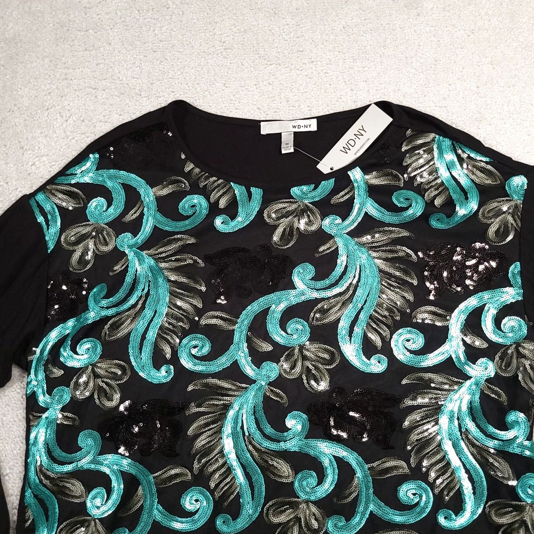 Altea WDNY Sequin Shirt Women's M Black Teal Silver Floral Stretch Long Sleeve Size M / US 6-8 / IT 42-44 - 3 Thumbnail