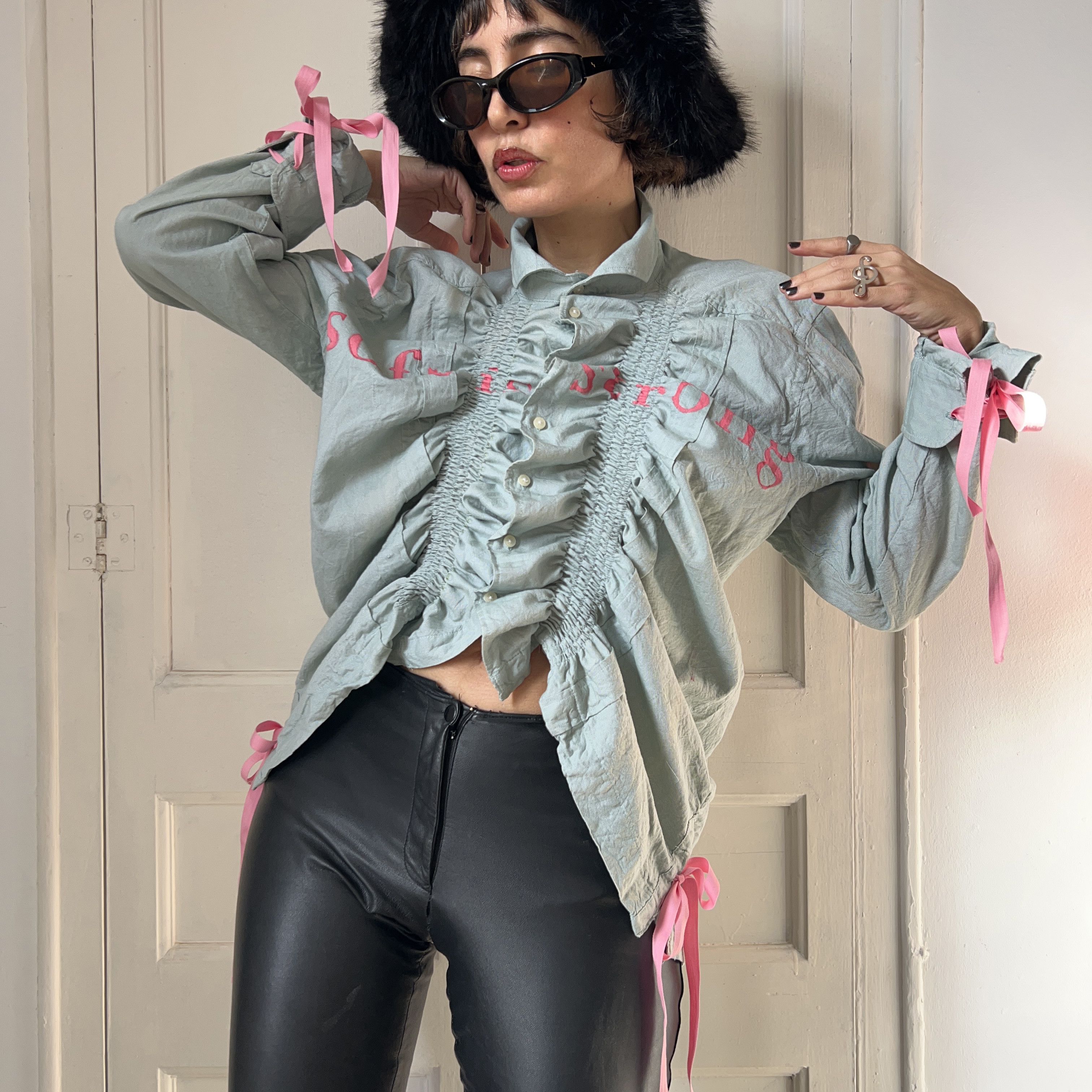 Custommade Reworked Vintage Ruffle Gren Shirt with Tied Cuffs Size XL / US 12-14 / IT 48-50 - 3 Thumbnail