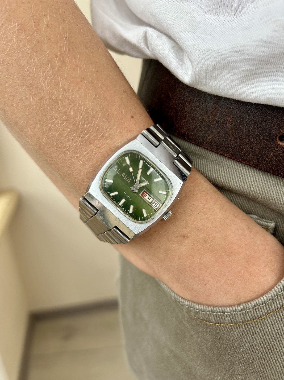 Vintage Watch Slava Automatic Ussr Soviet Mechanical 1980S in Green, Men's