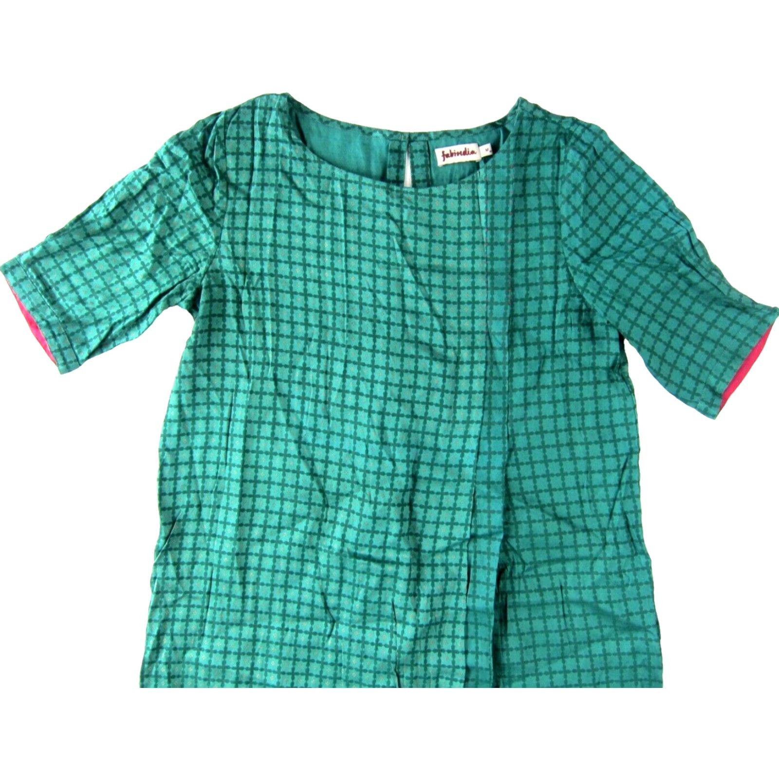 Pinko VINTAGE Fabindia Kurta Dress Short Sleeve Green Pink Gold Cotton Midi Dress Medium Womens Size 32" / US 10 / IT 46 - 4 Thumbnail