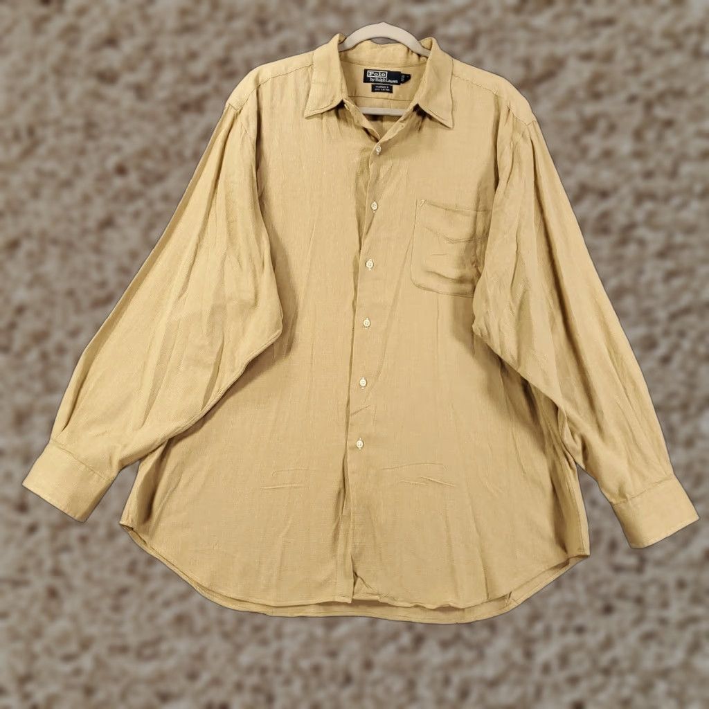 Polo Ralph Lauren VINTAGE Polo Ralph Lauren Warwick Shirt Mens 17 Tan Beige Cotton Button-Up Long Sleeve Collared Pockets Size US XL / EU 56 / 4 - 1 Thumbnail