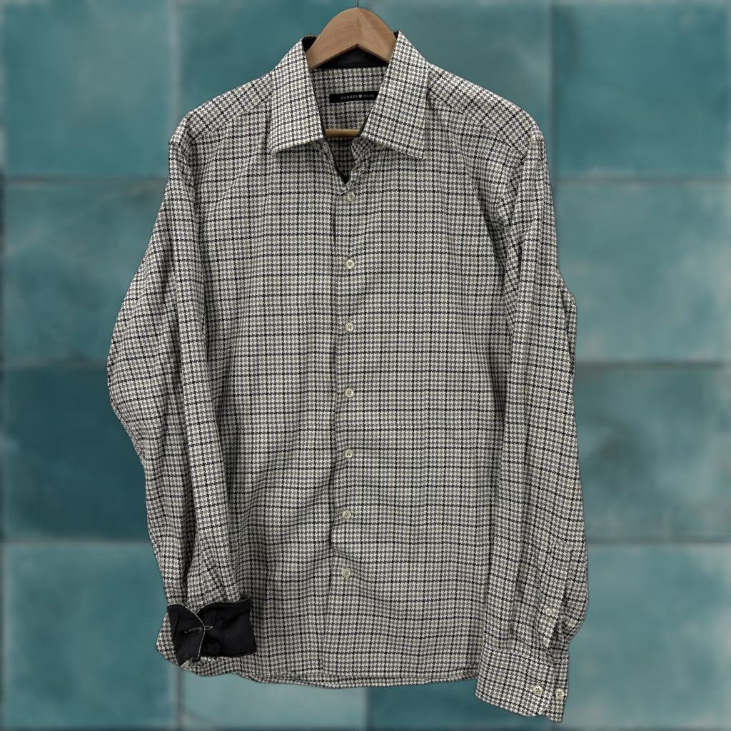 Vintage Hammer Made Shirt Mens Large Gray Houndstooth Slim Button Front Contrast Cuff Size US L / EU 52-54 / 3 - 1 Thumbnail