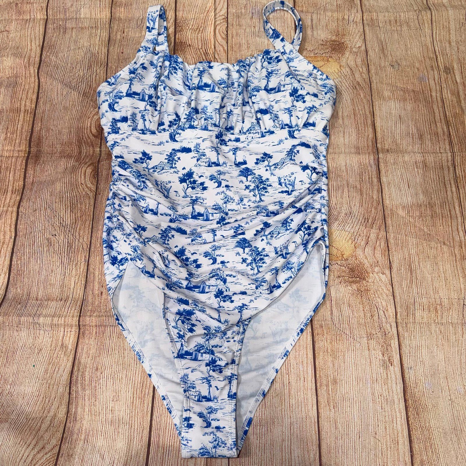 Other Blue and White Toile Print One-Piece Swimsuit, Women's Large Size ONE SIZE - 1 Thumbnail