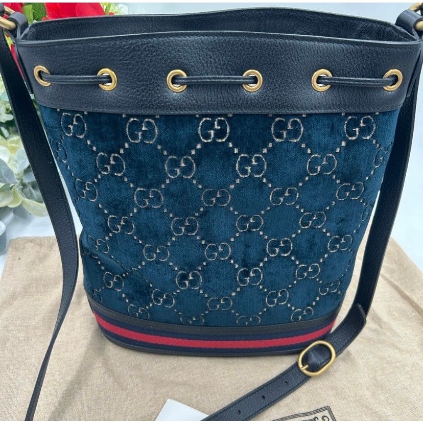 Gucci Gucci OPHIDIA blue velvet bucket bag with leather trim Size ONE SIZE - 8 Thumbnail