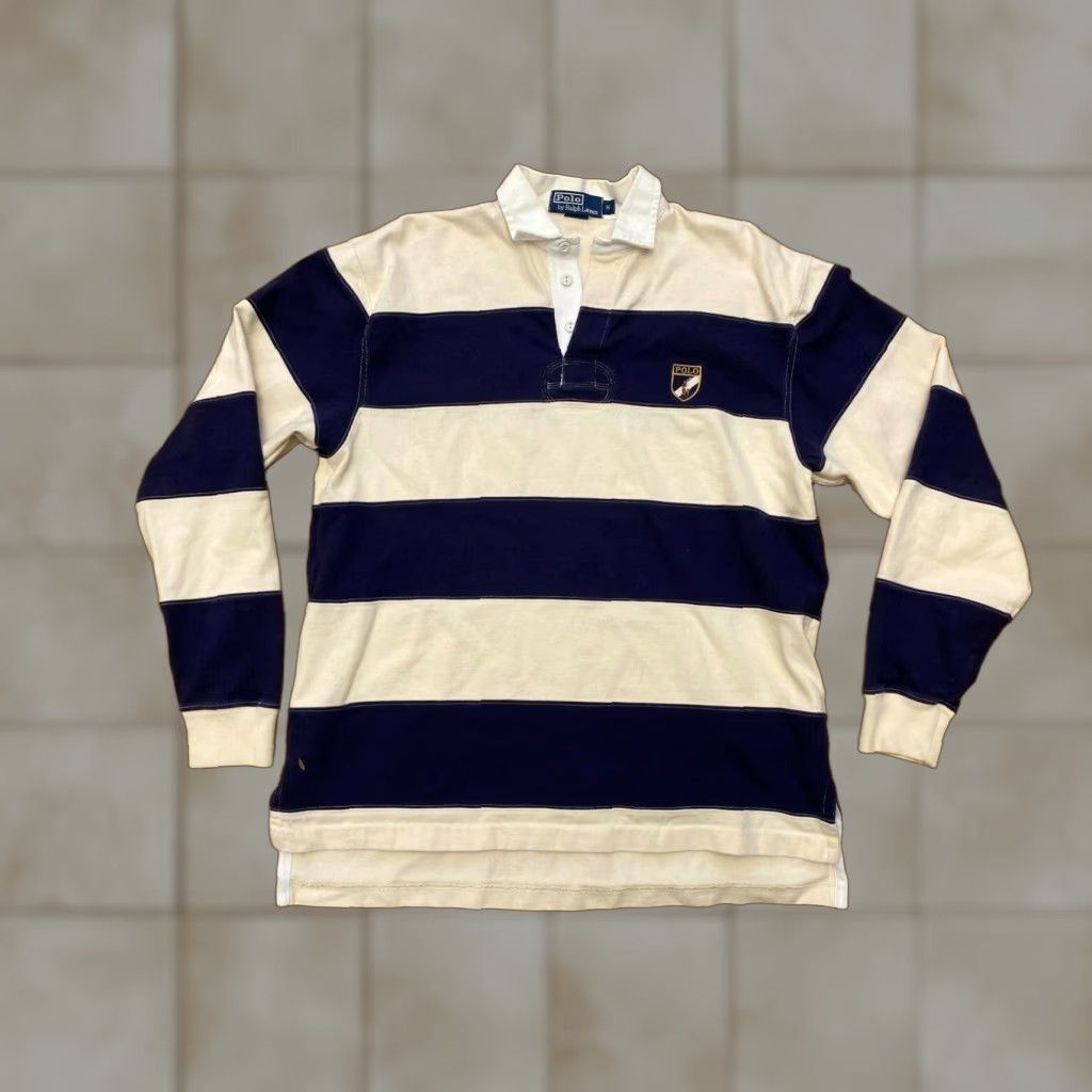 Ralph Lauren VTG Polo Ralph Lauren Rugby L/S Navy Stripes Shirt Collar Shield Crest Logo Sz S Mens Shirt Size US S / EU 44-46 / 1 - 1 Thumbnail