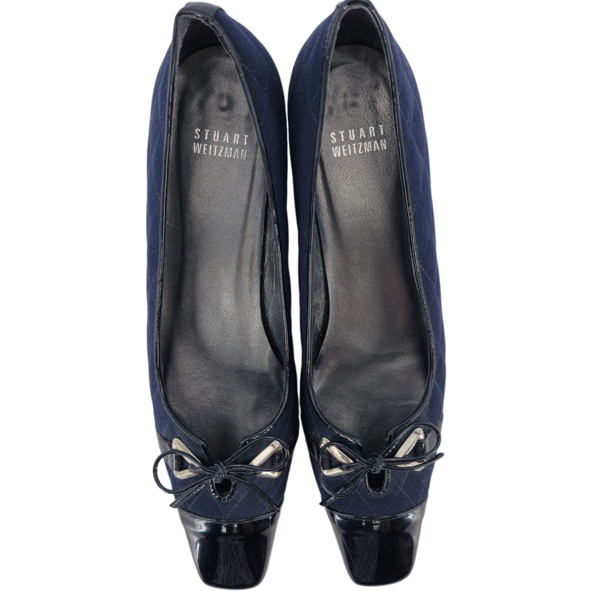 Stuart Weitzman Stuart Weitzman 8.5AAAA Navy Crepe Black Leather Dress Heels Size US 8.5 / IT 38.5 - 11 Thumbnail