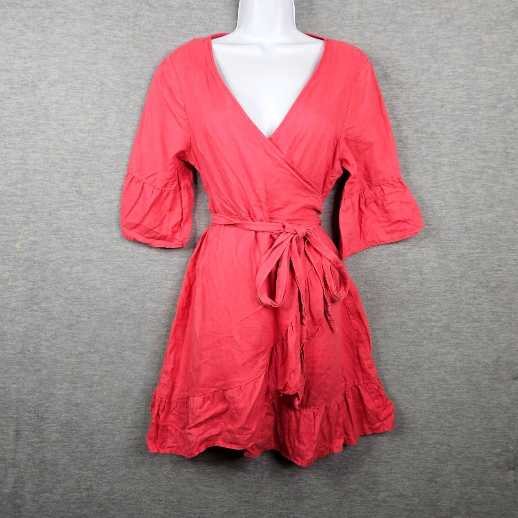 Anthropologie Anthropologie Women's Coral Pink Ruffle Wrap Linen Dress PS Size Petite Linen Dress Color Pink Ruffle Wrap Dress Casual Size S / US 4 / IT 40 - 2 Thumbnail