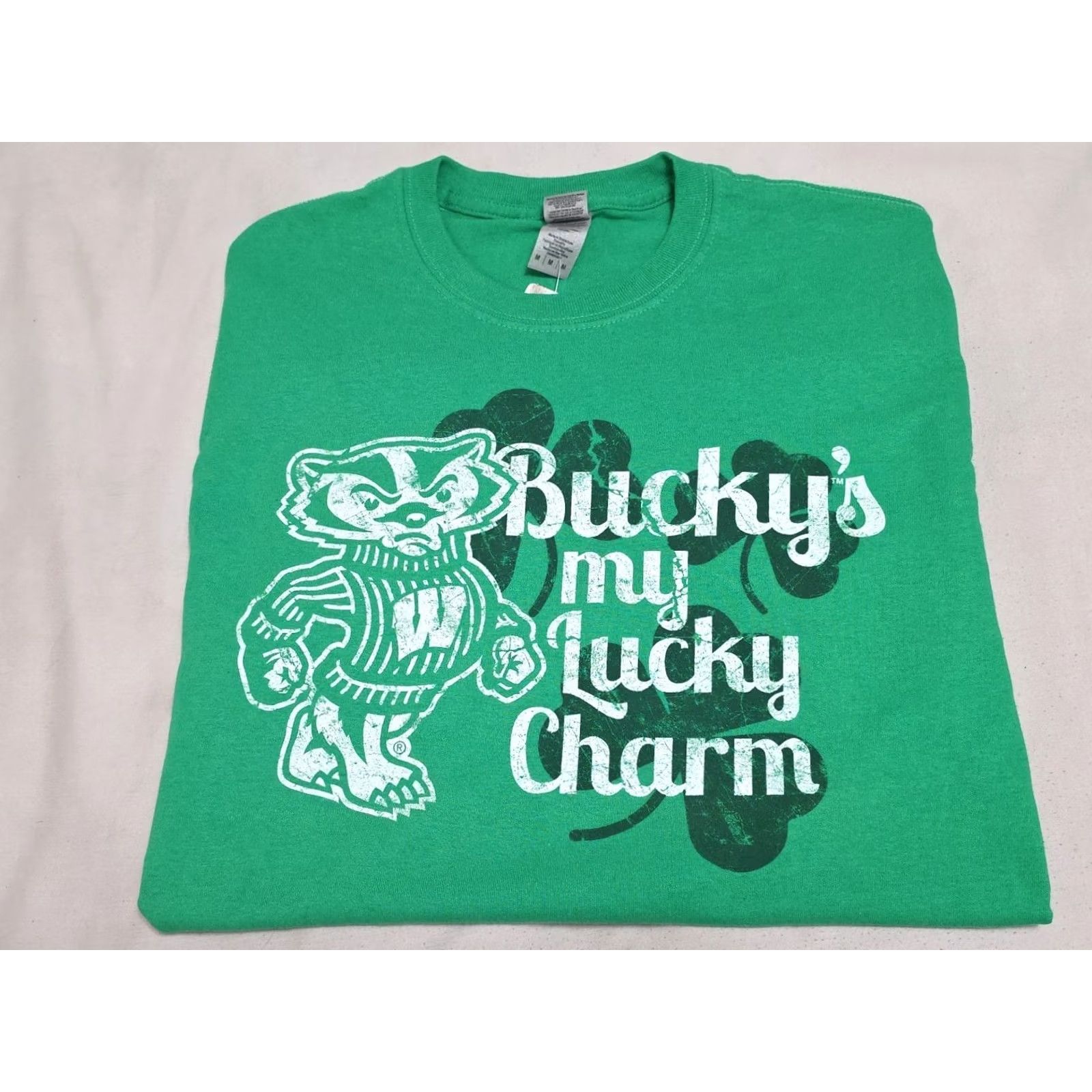 Gildan VINTAGE Wisconsin Badgers Bucky's My Lucky Charm Mascot Irish Green Short Sleeve T-Shirt Mens Medium Size US M / EU 48-50 / 2 - 6 Thumbnail
