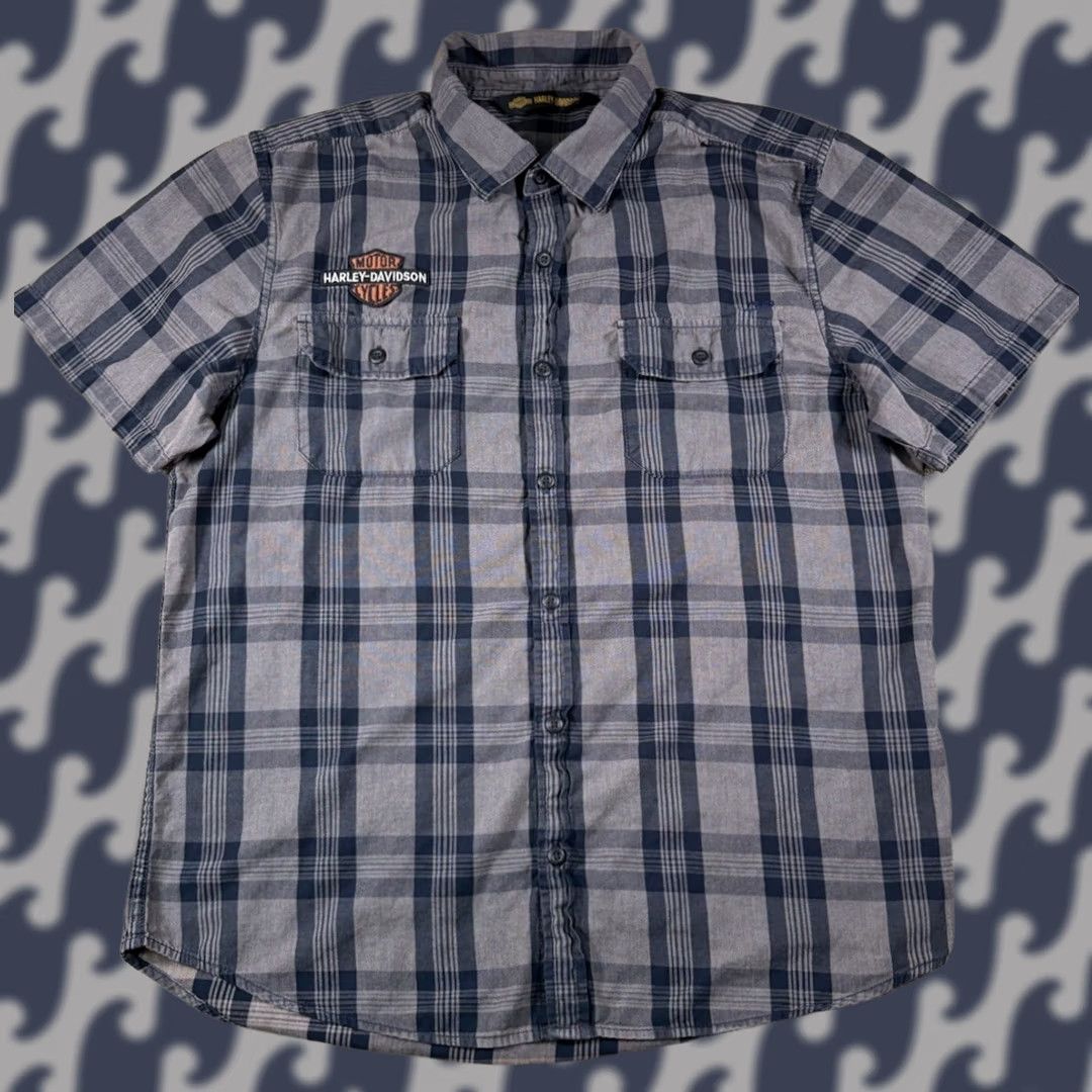 Harley Davidson Harley-Davidson Shirt Button-Up Plaid Short Sleeve Men L Grey Multicolor Cotton Flannel Classic Casual Pocketed Size US L / EU 52-54 / 3 - 1 Thumbnail