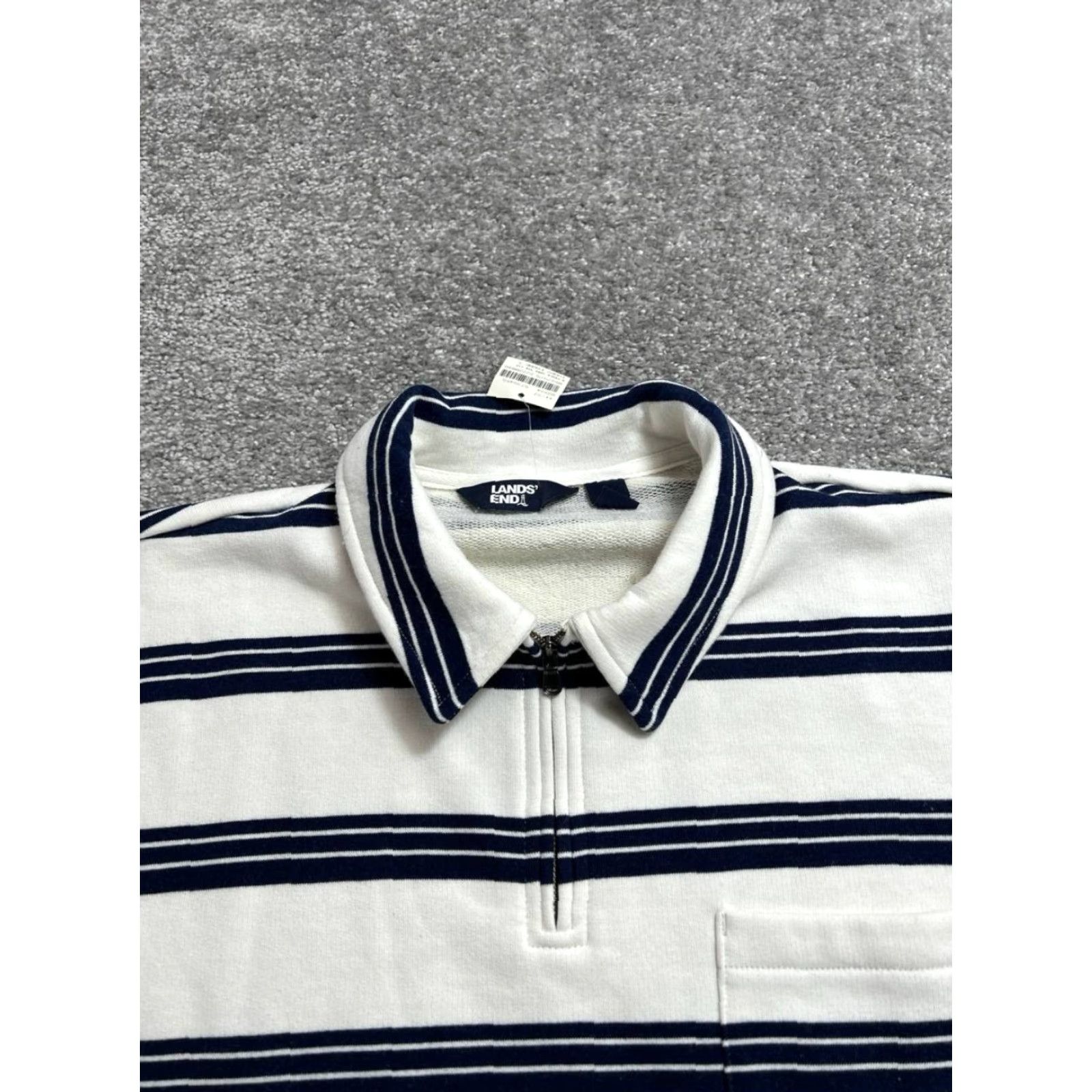 Lands' End Lands' End Rugby Shirt Mens Small Beige Blue Stripes Cotton Ribbed Hem Collared Shirt Polo Casual Knit Breathable Easy Care Zip Size US S / EU 44-46 / 1 - 3 Thumbnail