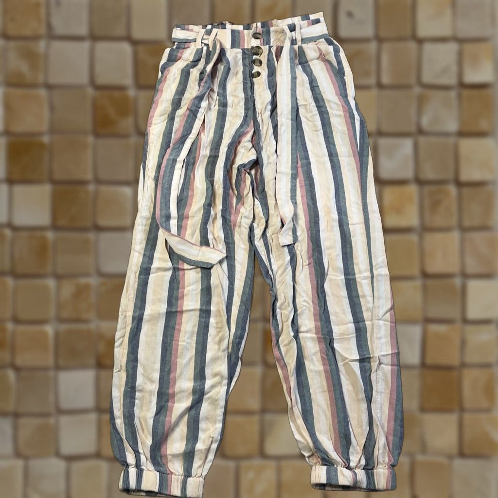 American Eagle Outfitters AMERICAN EAGLE Striped Paperbag Pants Tapered High Rise Women XS Pink Size 26" / US 2 / IT 38 - 1 Thumbnail