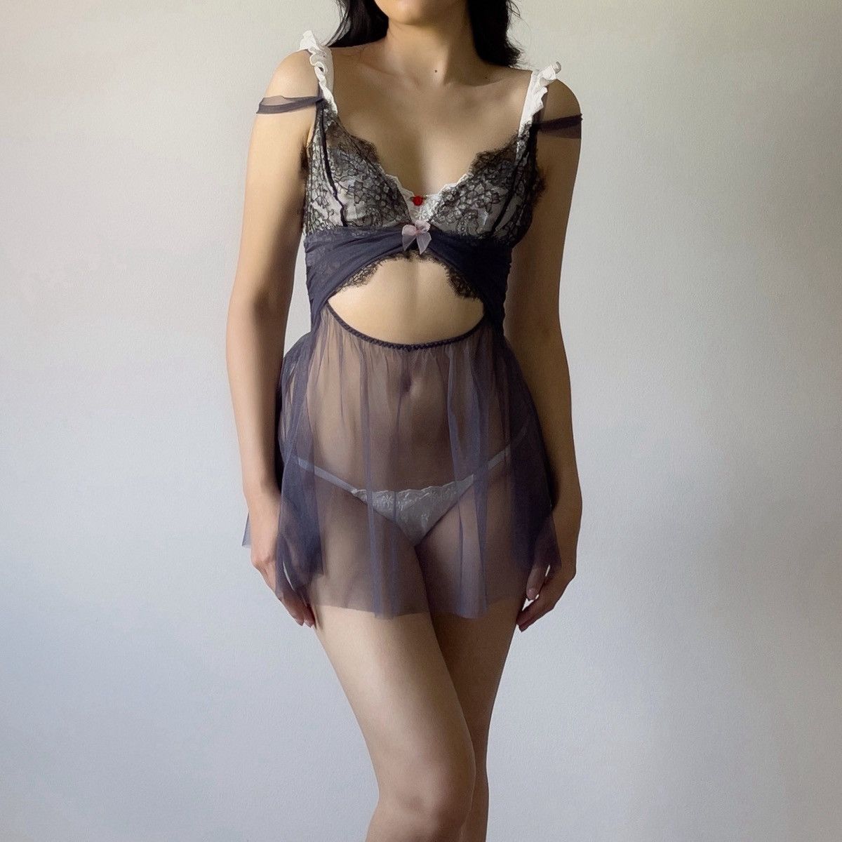 Victoria's Secret Dusty Blue Mesh & Black Lace Sheer Mini Slip Dress (S-M) Size M / US 6-8 / IT 42-44 - 4 Thumbnail