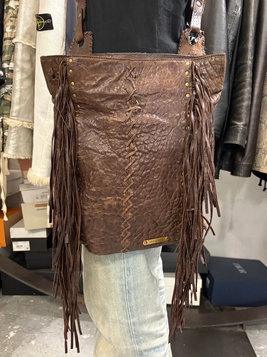 Designer × Roberto Cavalli × Vintage 2000s Roberto Cavalli Grain Brown Leather Fringe Shoulder Bag Size ONE SIZE - 2 Thumbnail