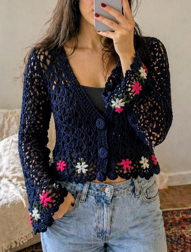 Homespun Knitwear Vintage Boho Daisy Crochet Knit Flare Cardigan Sweater S Size S / US 4 / IT 40 - 1 Thumbnail