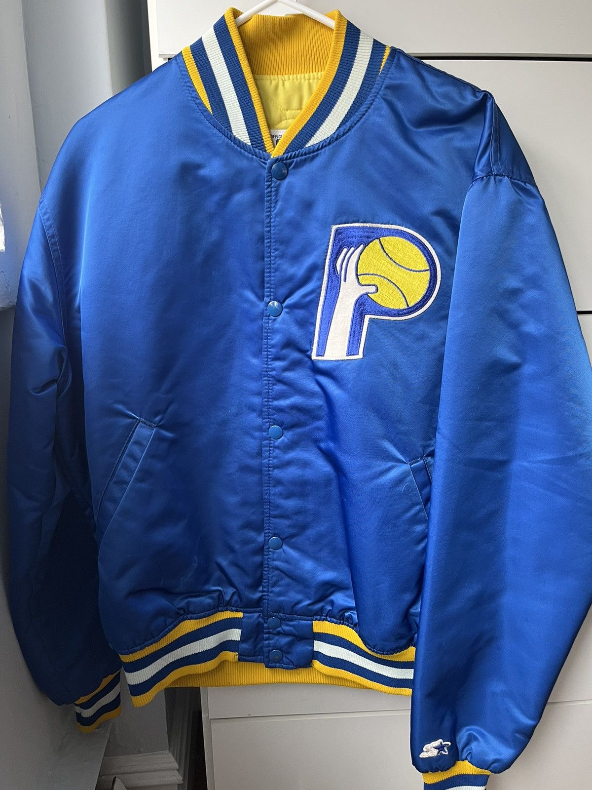 image of Indiana Pacers Starter Satin Bomber Jacket Size L in Blue, Men's