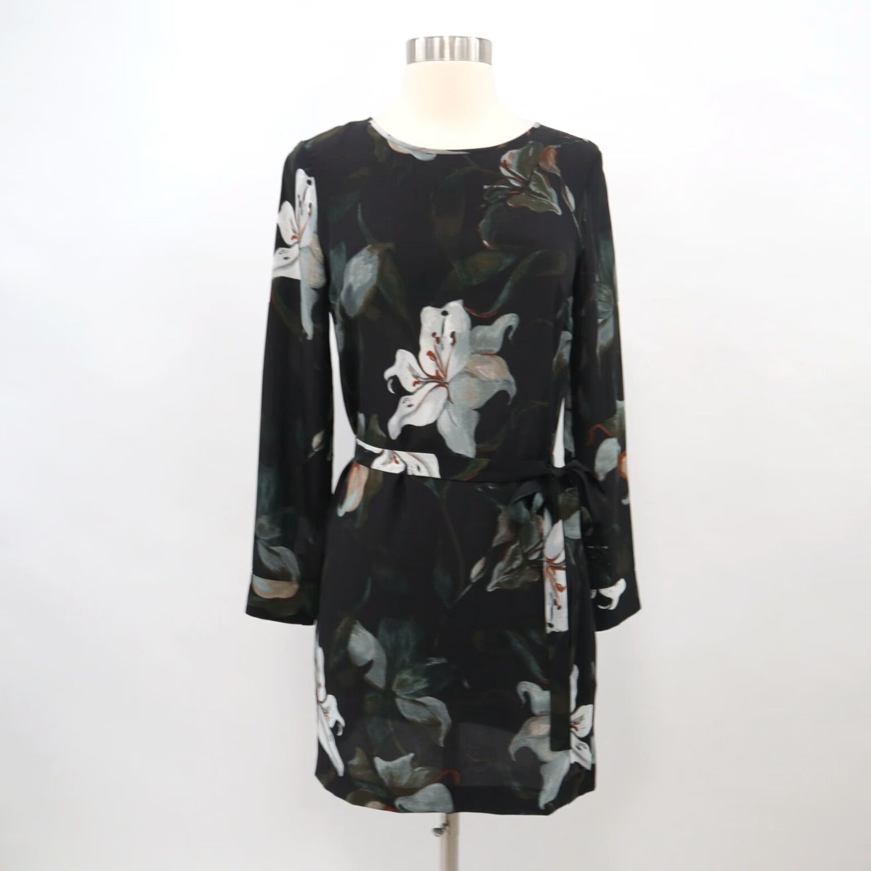 Club Monaco Silk Tunic Dress Womens 00 Floral Long Sleeves Tie Belted Crew  Neck Multicolor Vintage