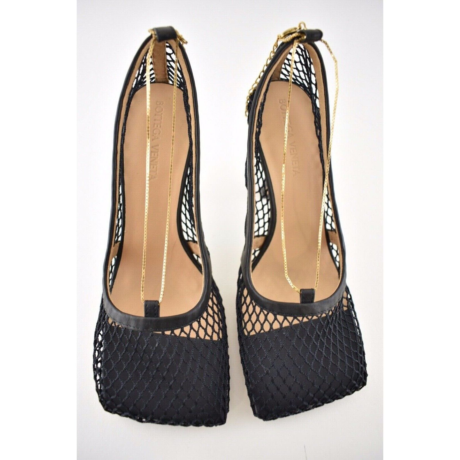 Bottega Veneta Net Mesh Leather Square Toe Gold Chain Sandal Heel Pump 38 Size US 8 / IT 38 - 8 Thumbnail