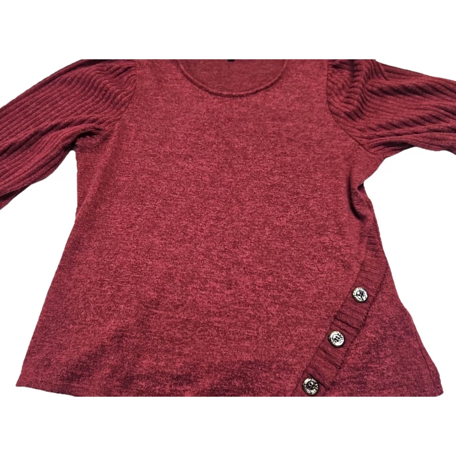 Vintage Adrienne Vittadini Womens L Burgundy Knit Top Asymmetrical Hem Button Accent Puff Sleeve Scoop Neck Pullover Casual Workwear Knit Top Size L / US 10 / IT 46 - 5 Thumbnail