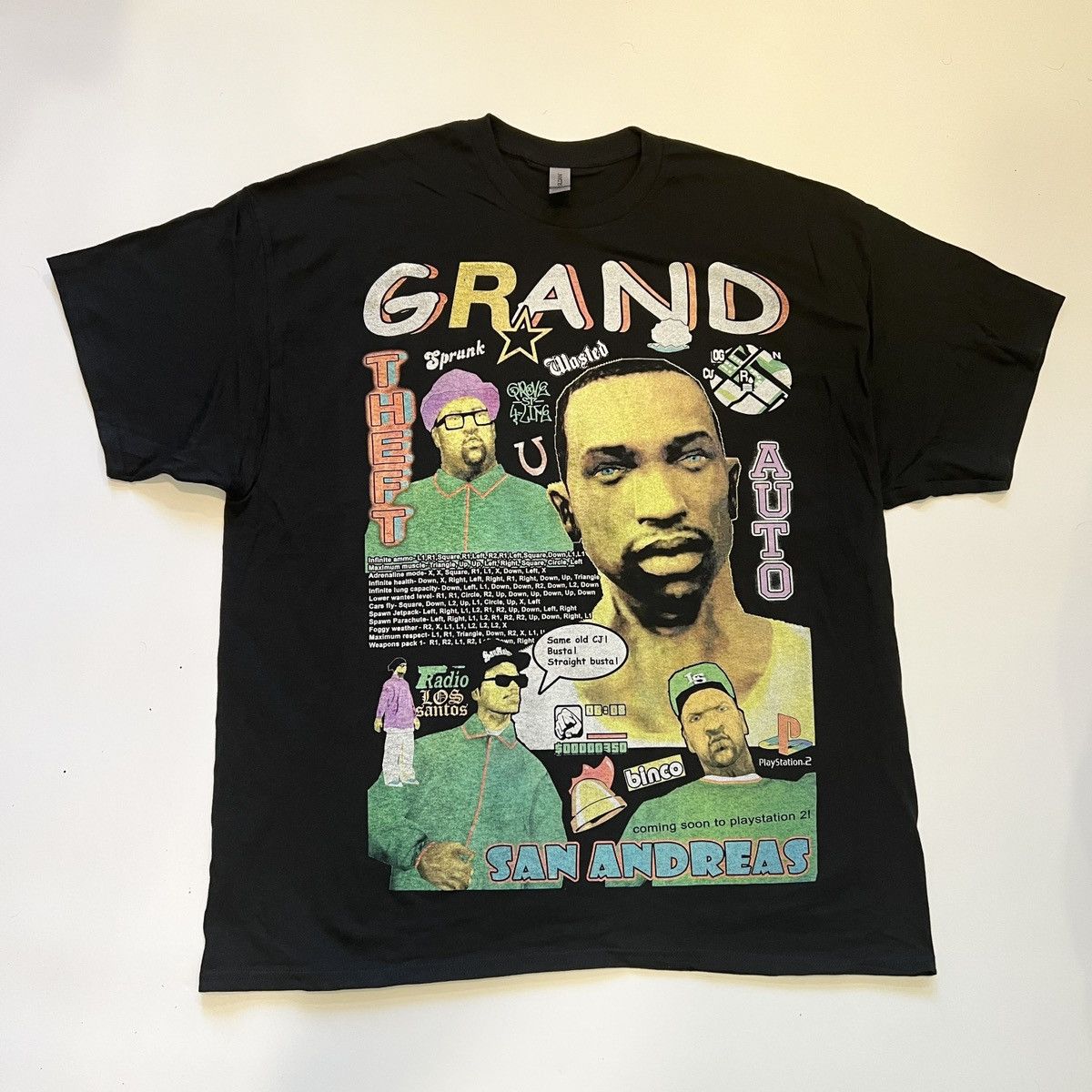 image of Y2K Gta San Andreas T-Shirt Bootleg Tshirt Ps2 Videogame in Black, Men's (Size 2XL)