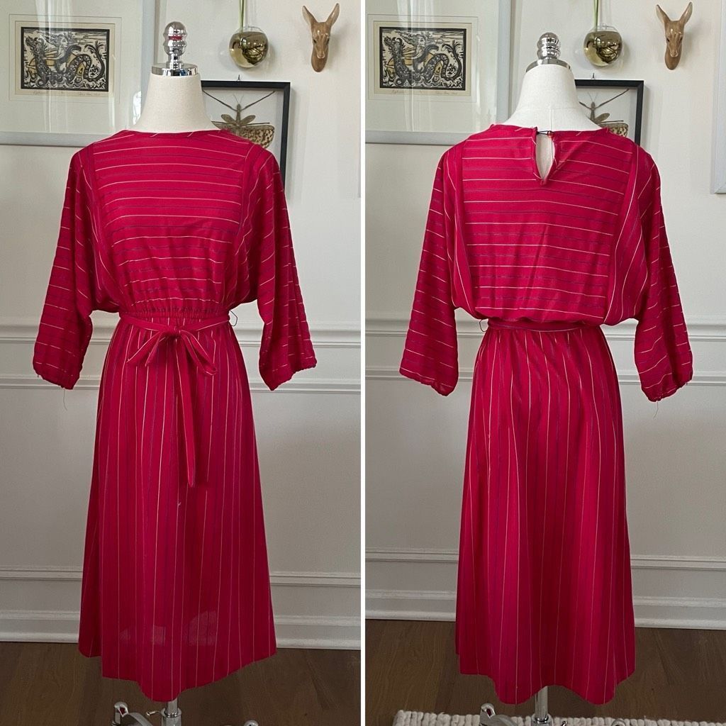 Vintage Vintage 80s Blouson Style Red Dress Mixed Direction Stripe S Size S / US 4 / IT 40 - 1 Thumbnail