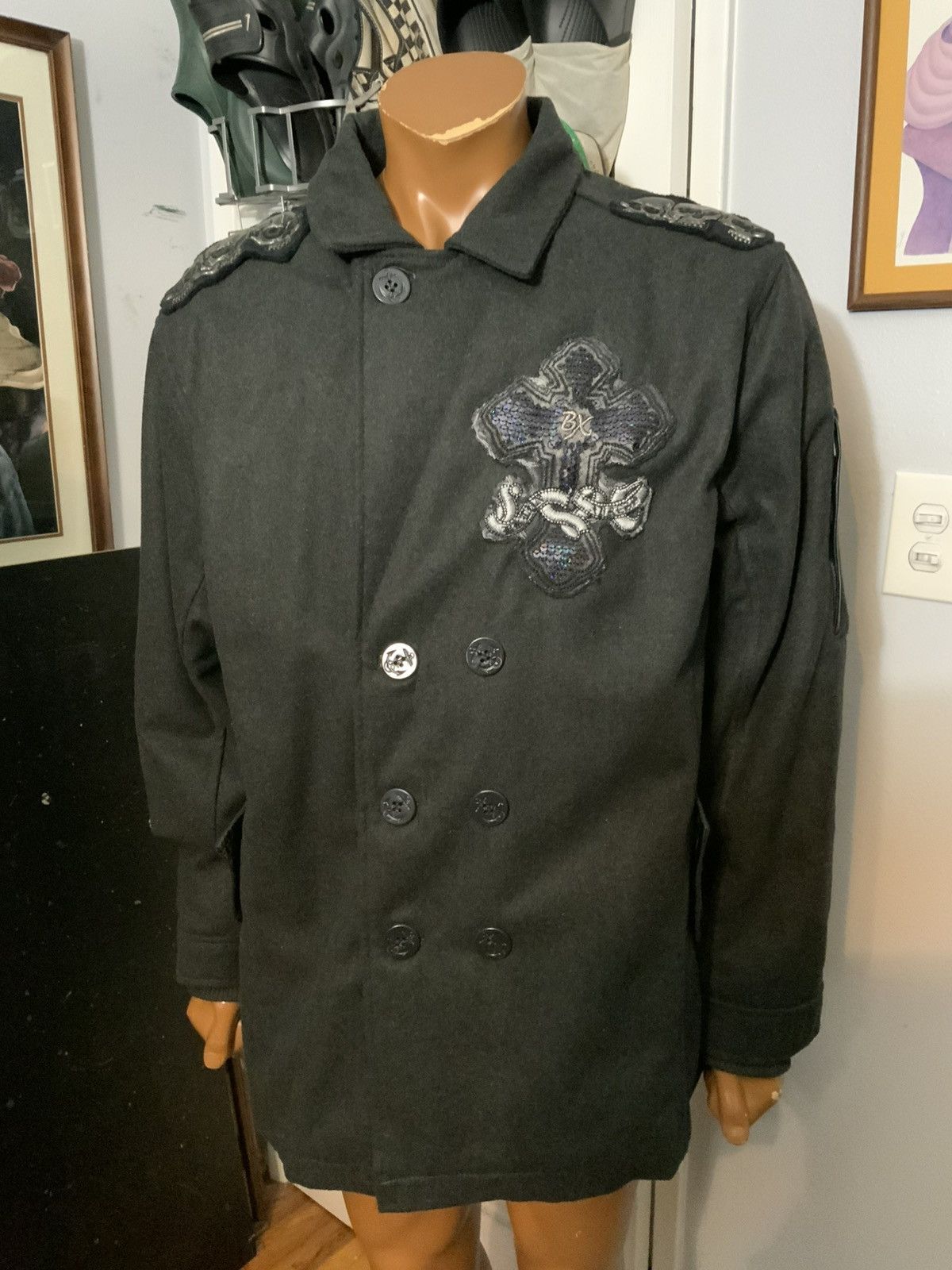 Vintage Y2K 2000s Brooklyn Xpress Skull Cross Cyber Grunge Pea Coat Size US XXL / EU 58 / 5 - 12 Thumbnail