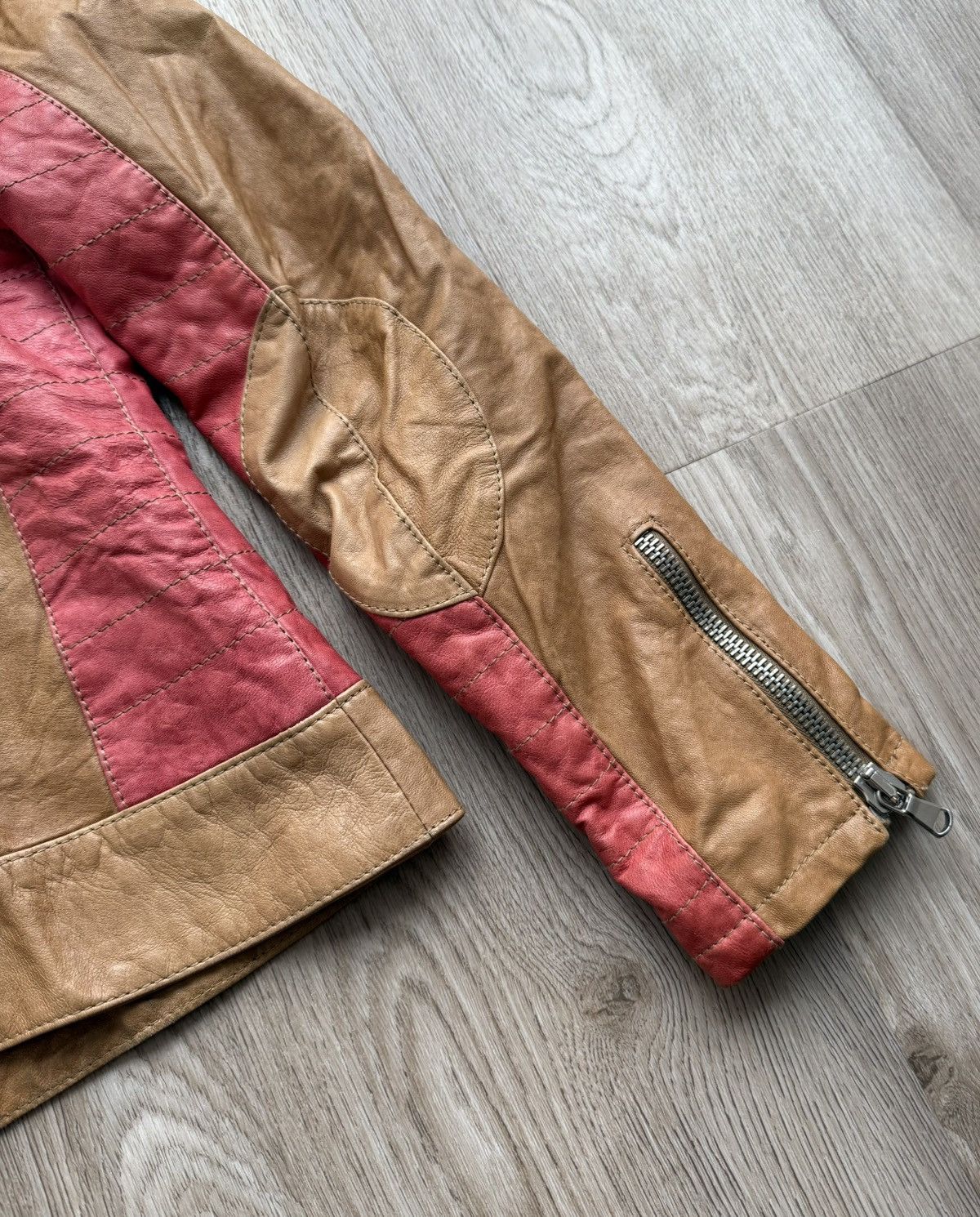 Vintage Leonardo Brown/ Red Leather Biker Jacket Size XS / US 0-2 / IT 36-38 - 15 Thumbnail