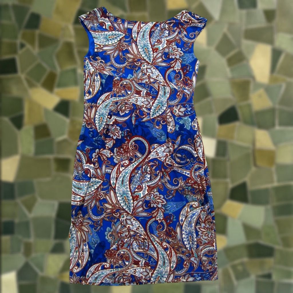 Vintage Signature Sadie Blue Green Brown Paisley Stretch Ruched Tank Sheath Dress 14 Size XL / US 12-14 / IT 48-50 - 1 Thumbnail