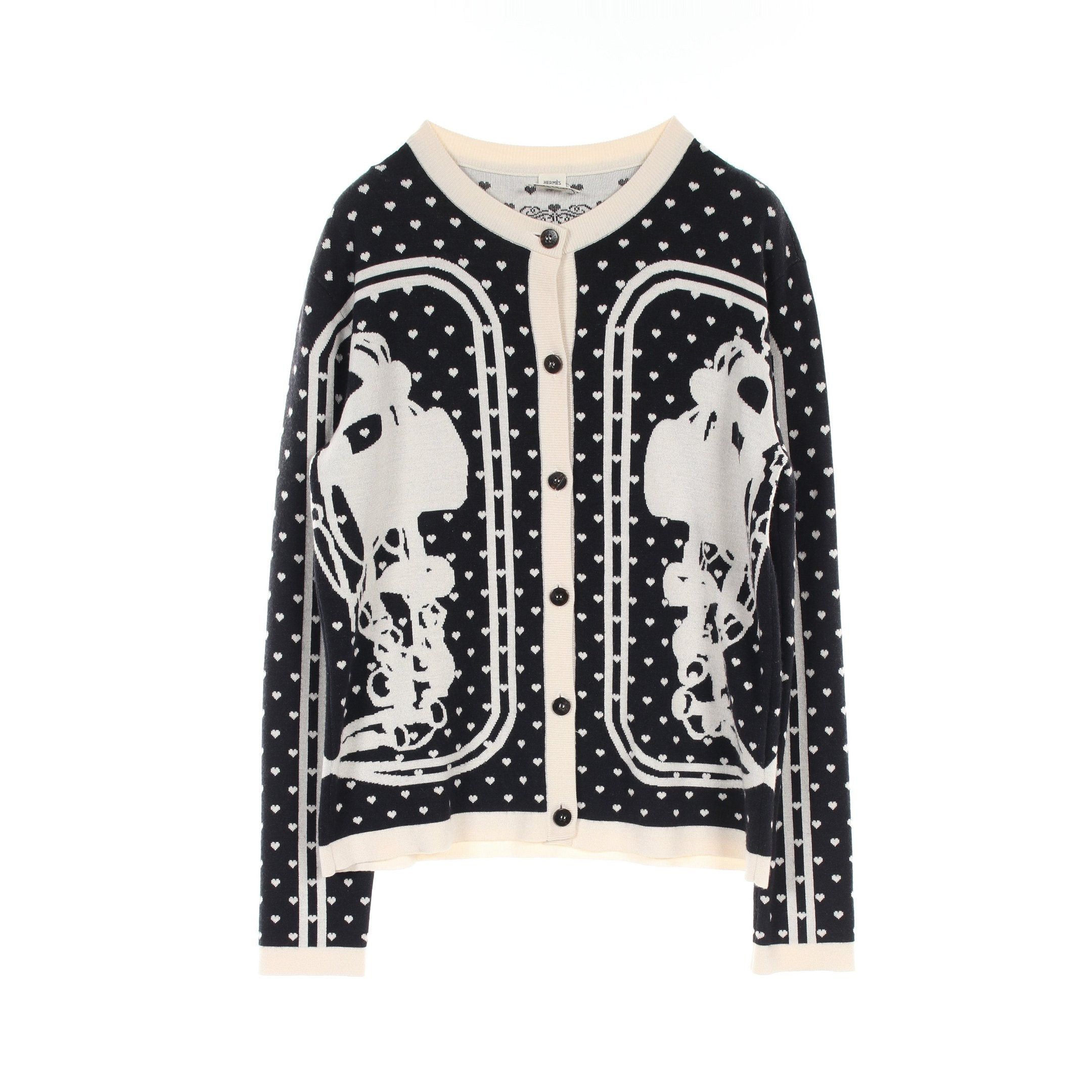Hermes Hermes Brides De Gala Cardigan Crew Neck Heart Cashmere Silk Black Off White Size ONE SIZE - 1 Thumbnail