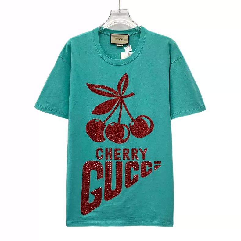 Gucci Gucci Lake blue cherry letter hot diamond cotton round-neck Size US S / EU 44-46 / 1 - 1 Thumbnail