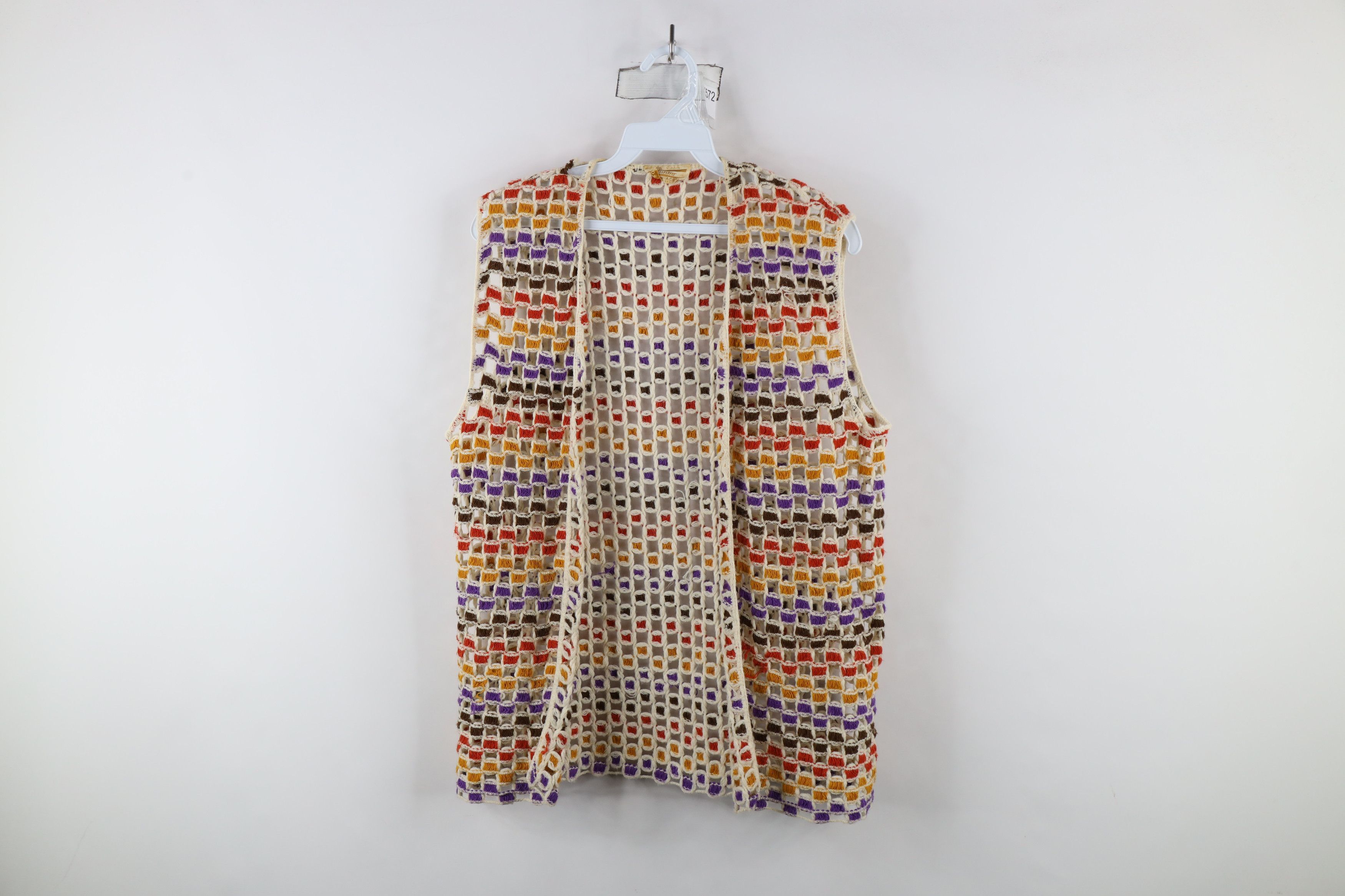 Vintage Vintage 60s 70s Boho Chic Checkered Knit Open Front Sweater Size L / US 10 / IT 46 - 1 Thumbnail
