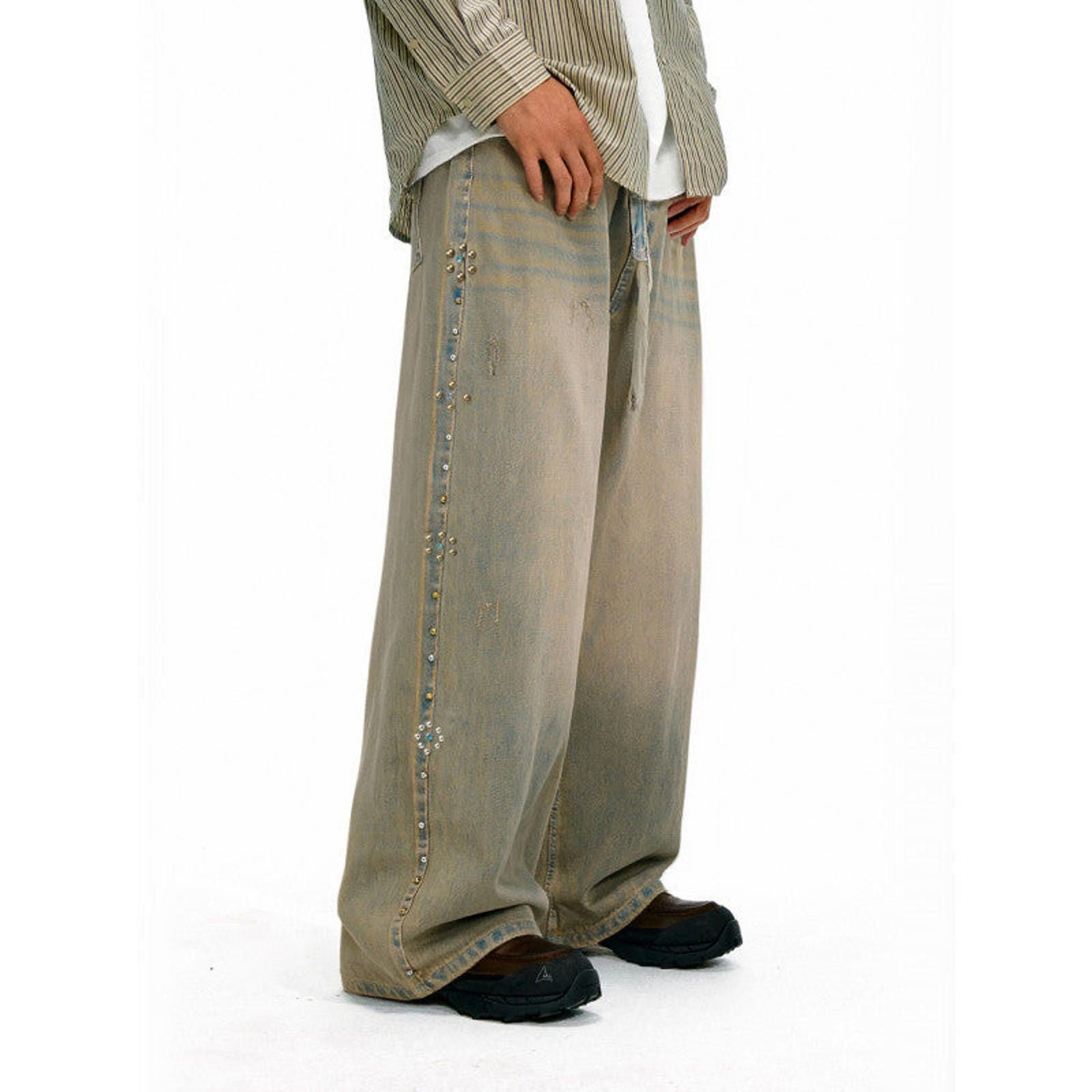 Japanese Brand Beige Wide Leg Denim Jeans with Studded Side Details Size US 32 / EU 48 - 2 Thumbnail