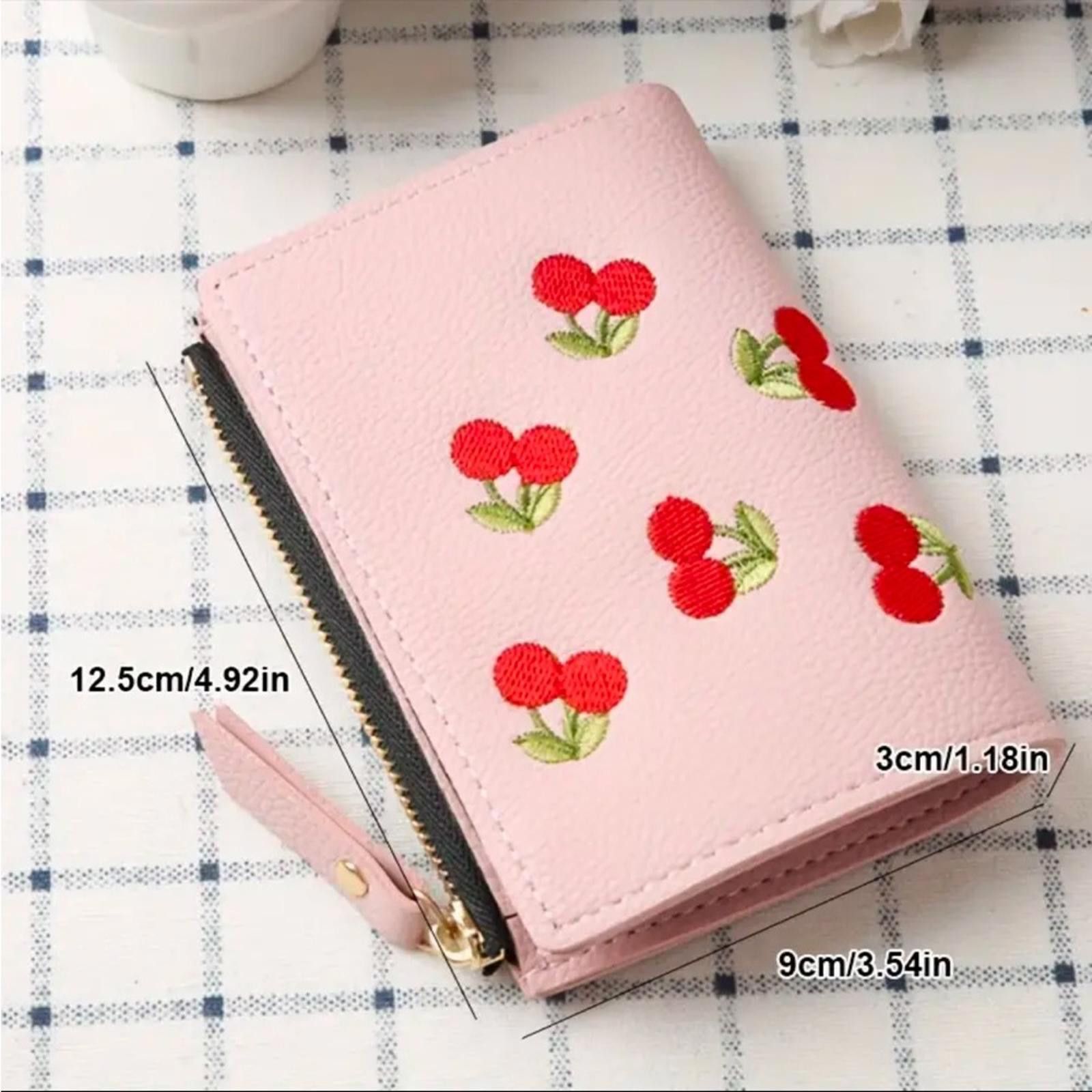 Designer Pink Cherry Embroidered Vegan Leather Wallet Size ONE SIZE - 3 Thumbnail
