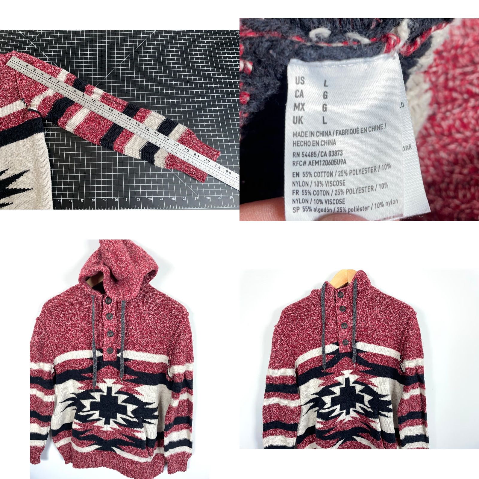 American Eagle Outfitters American Eagle Outfitters Aztec Henley Sweater Hoodie Men's Large Red Geometric Tribal 90s Southwestern Hipster Size US L / EU 52-54 / 3 - 8 Thumbnail