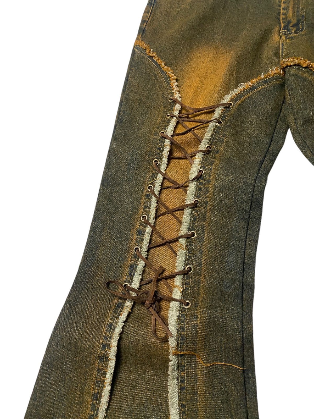 If Six Was Nine × Japanese Brand × Tornado Mart 2000's Xin Miao Mudwash Laced Up Fringe Flared Jeans Size US 29 - 4 Thumbnail