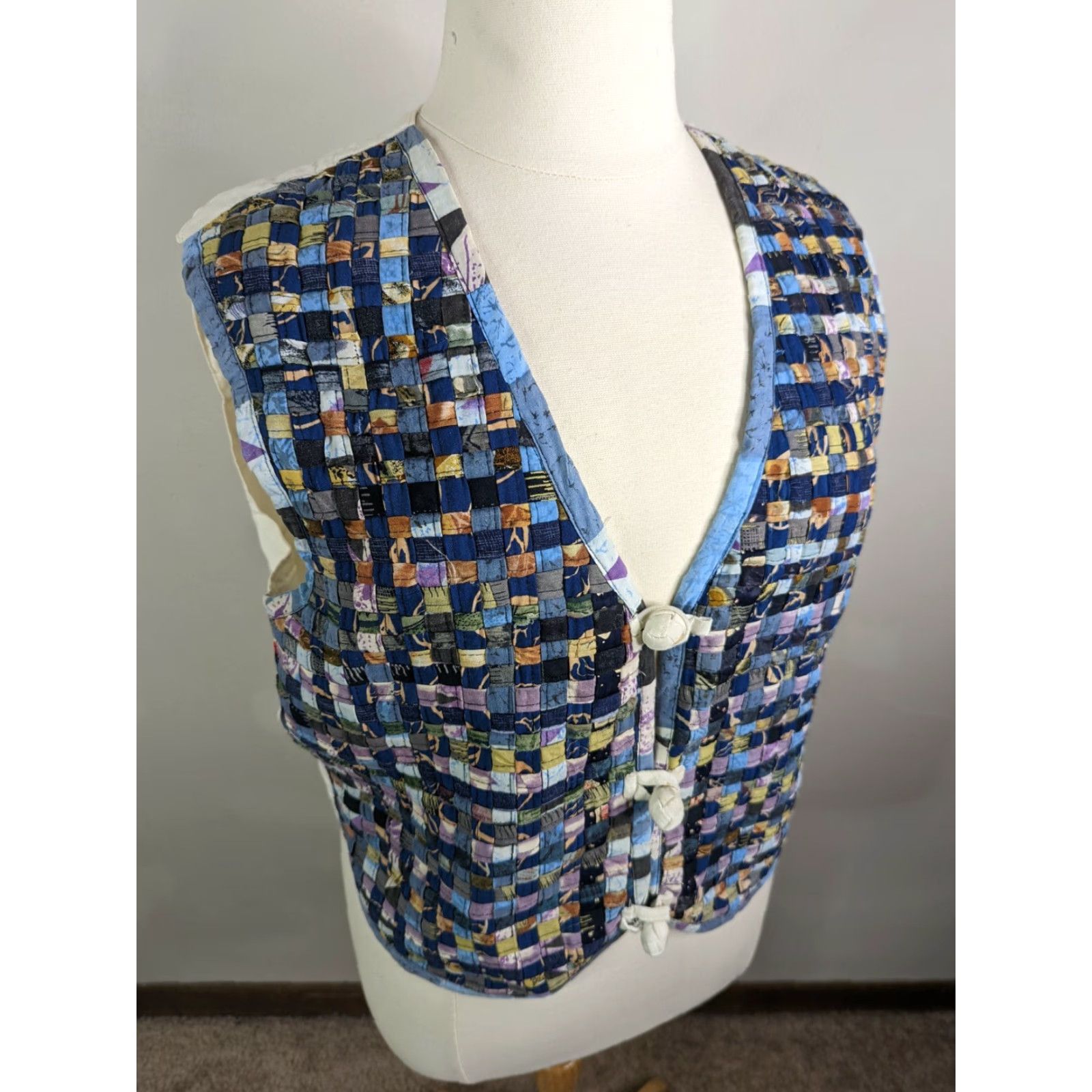 Vintage VINTAGE 90s Women's Vest Weave Quilted XL Blue Cotton V2J Braided Check Womens Vest Mens? Size XL / US 12-14 / IT 48-50 - 2 Thumbnail
