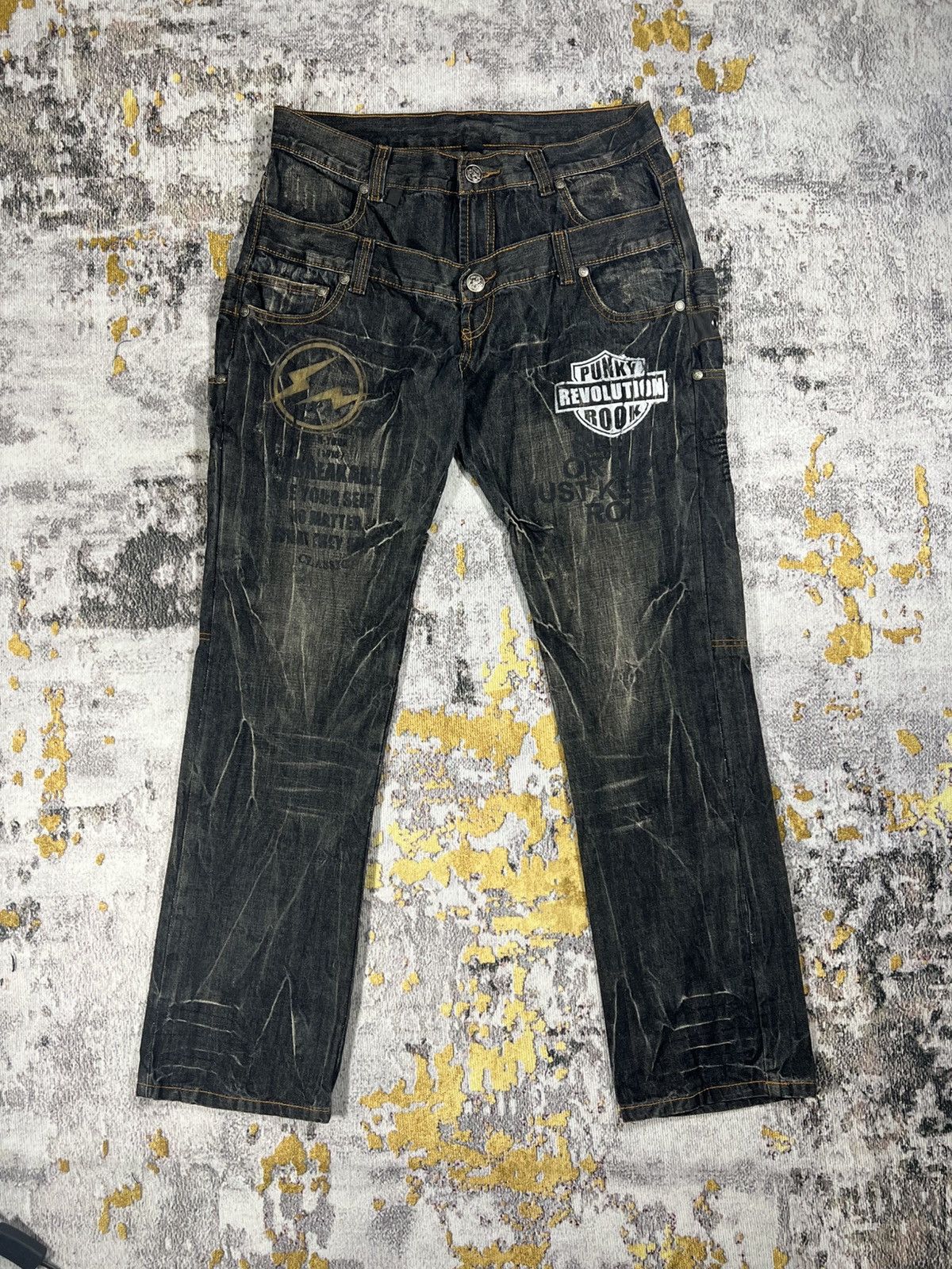 Japanese Brand Vintage Double Waist Punk Revolution Rock Distressed Pants Size US 35 - 1 Thumbnail