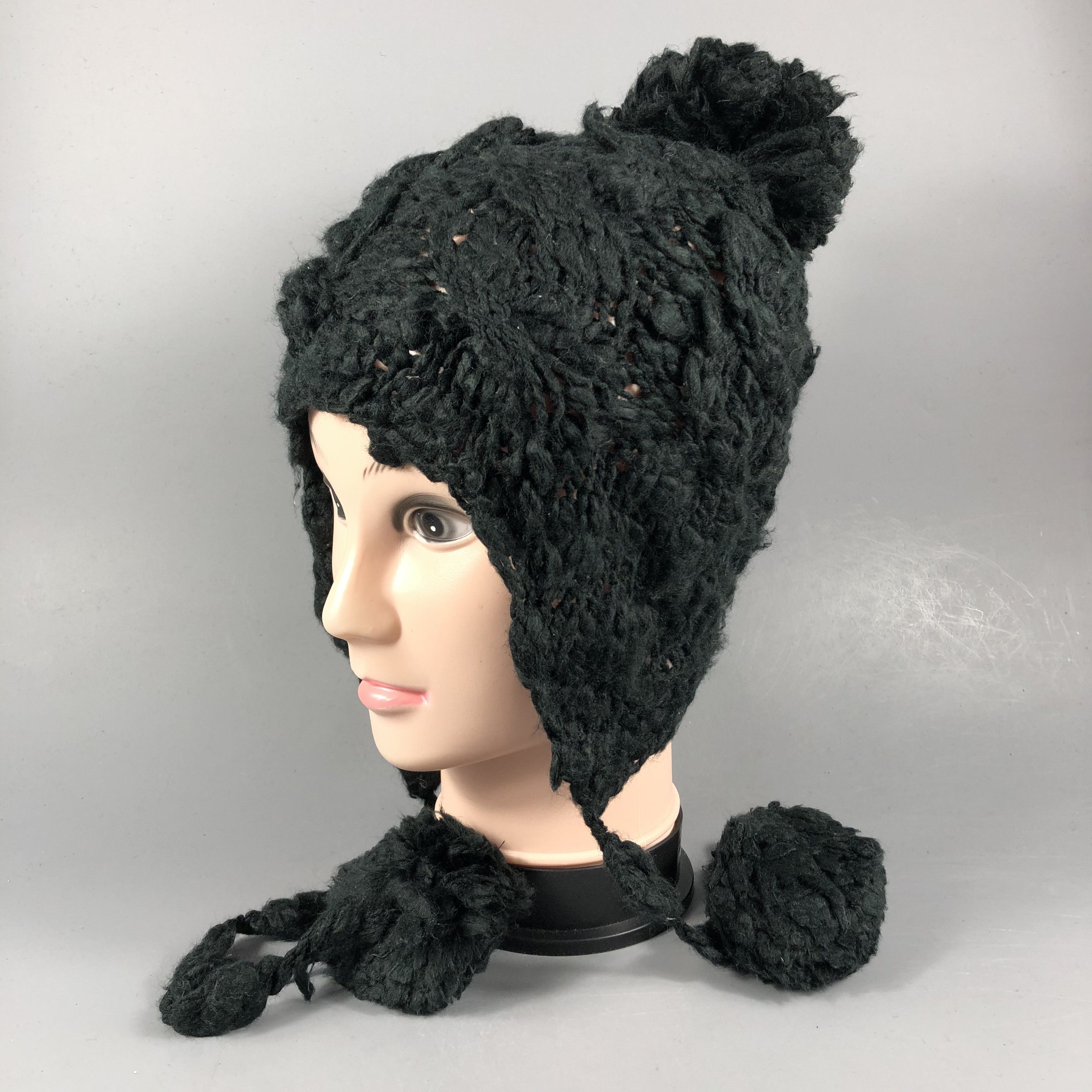 Japanese Brand Black Crochet Earflap Beanie Size ONE SIZE - 2 Thumbnail