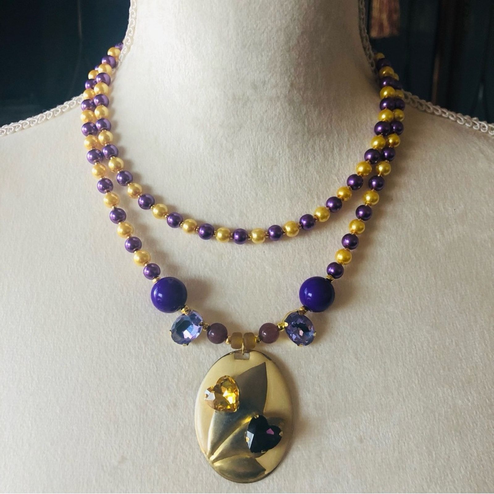Handmade Handcrafted repurpose purple and gold glass Pearl necklace Size ONE SIZE - 2 Thumbnail